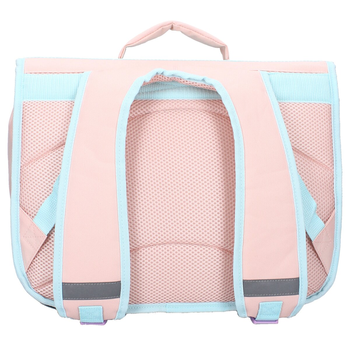 Ein rosa und hellblauer Schulranzen mit hellblauen Trägern und Netzrücken.