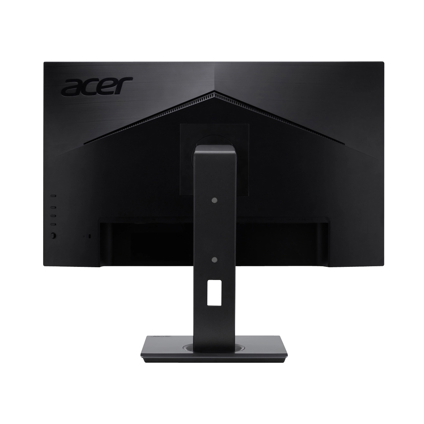 Vista posteriore di un monitor Acer nero su sfondo bianco. Ha un supporto e alcune porte.
