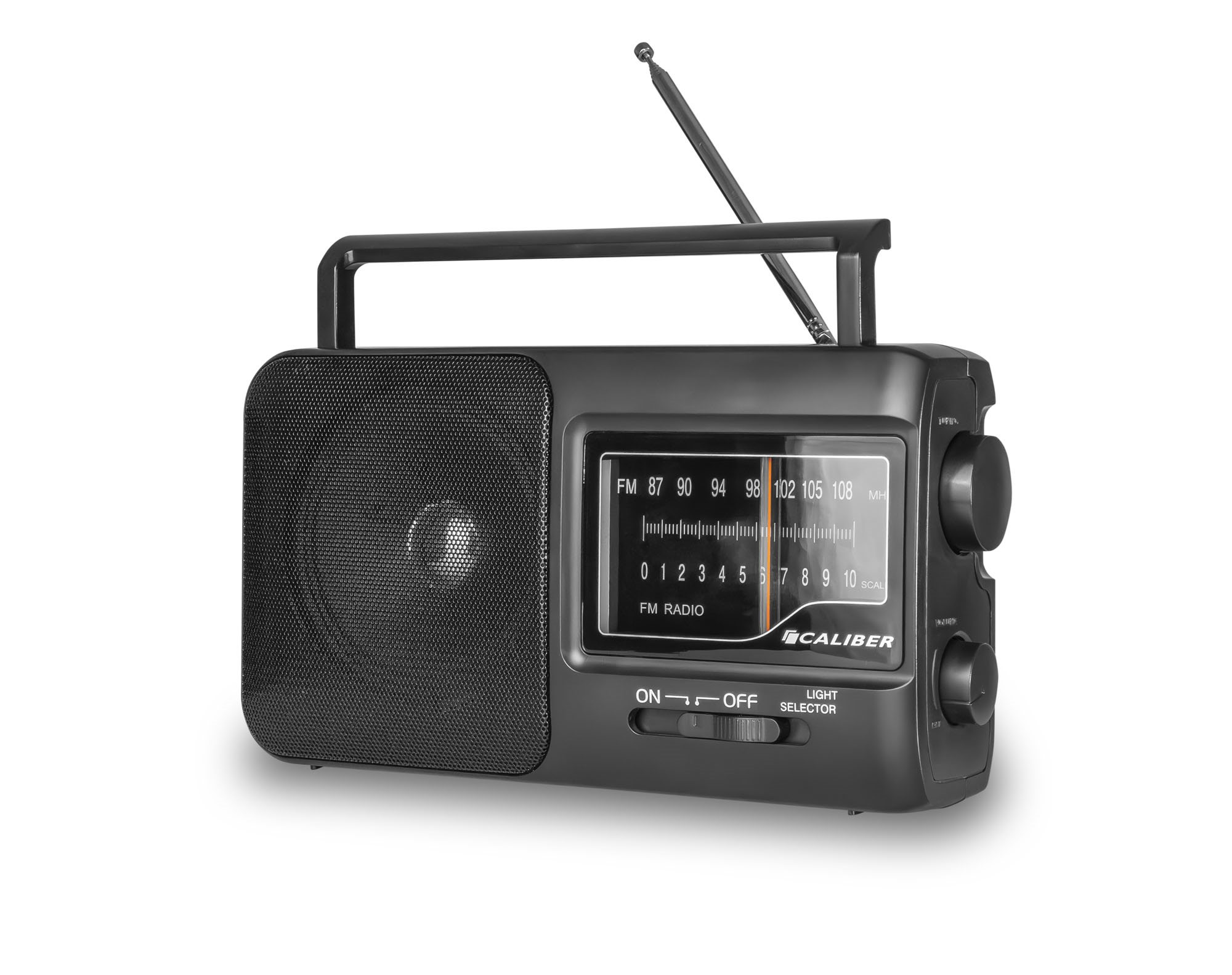 A black FM radio with a handle, a speaker, and tuning knobs. It has an antenna and a light selector.