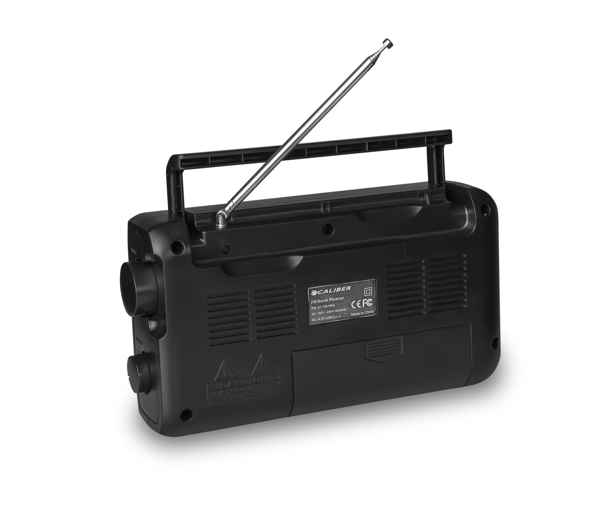 Black Caliber radio with an antenna, white background.