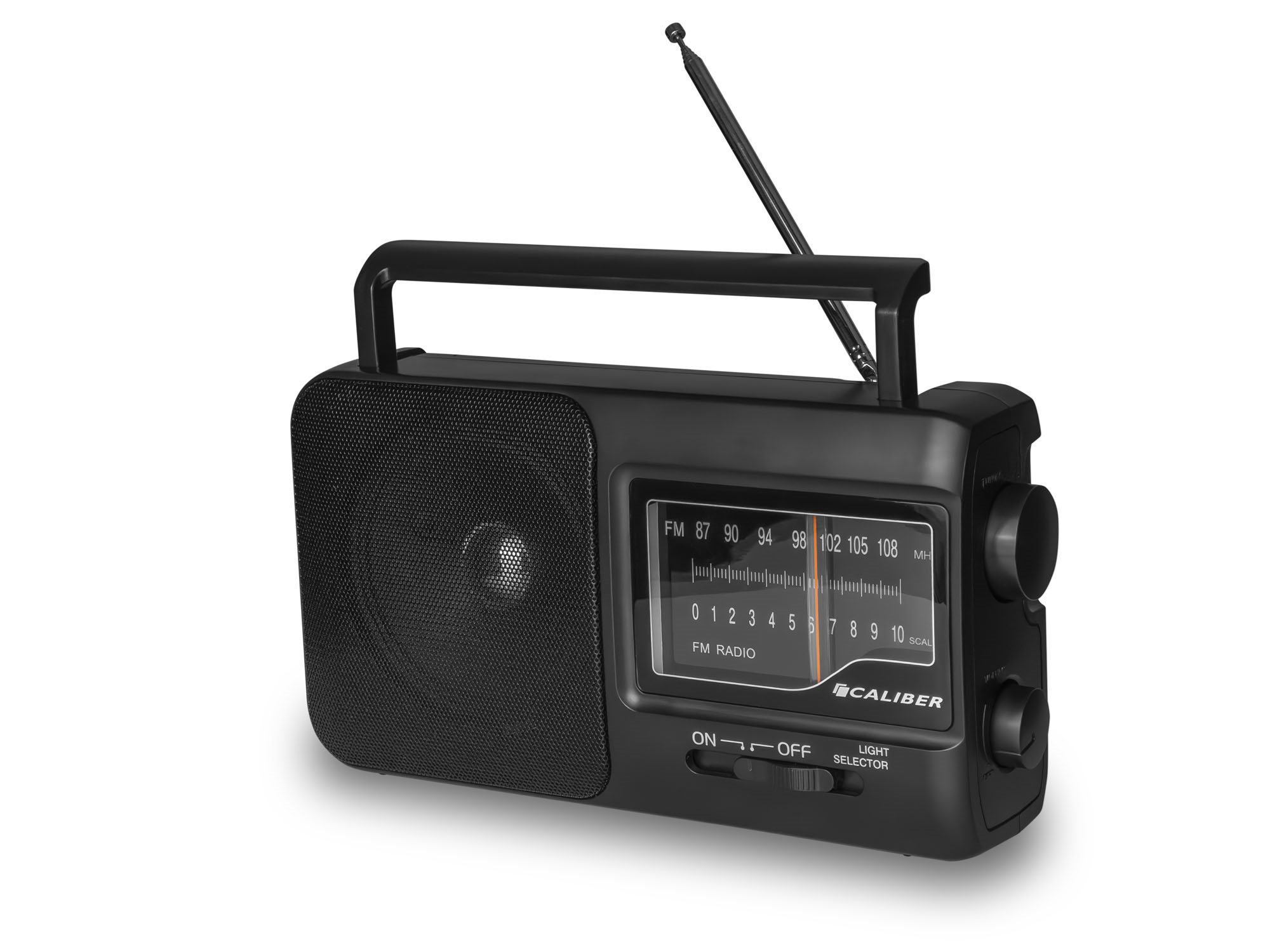 A black portable radio with a tuning dial, speaker, and antenna, shown against a white background.
