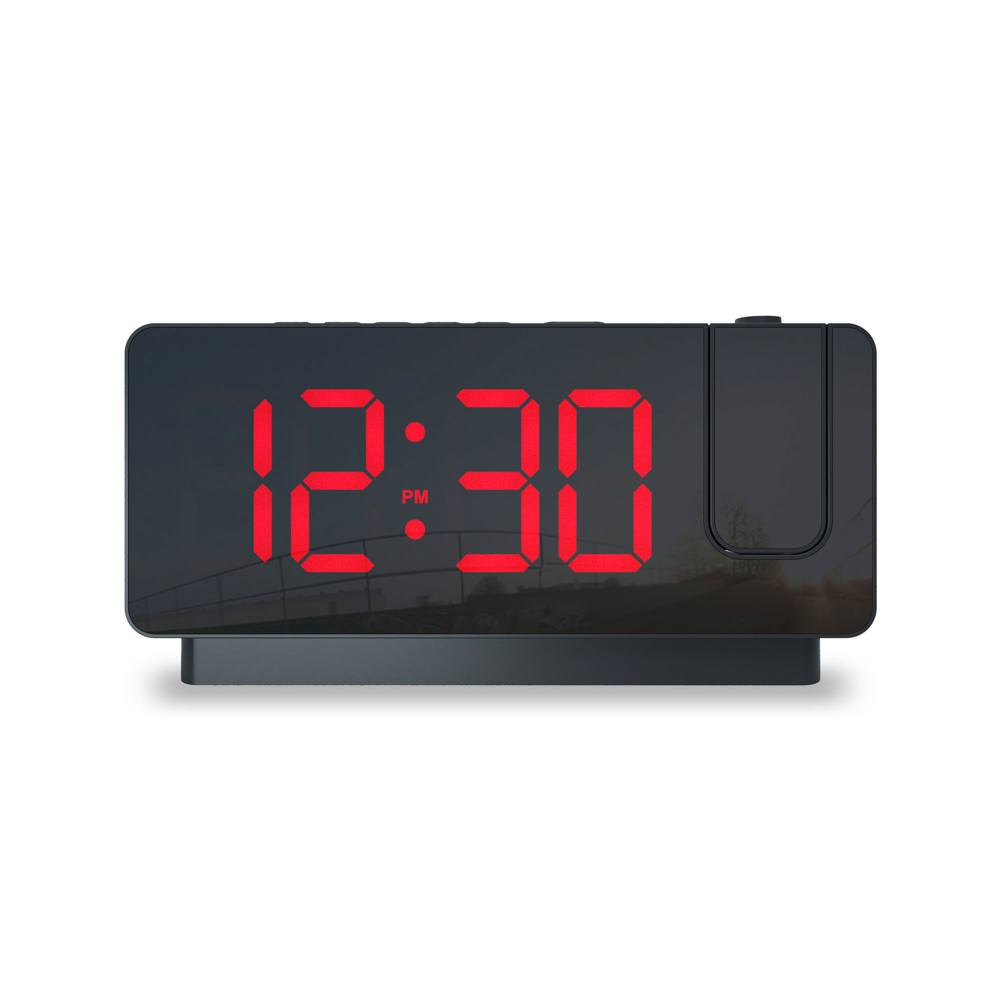 Black digital alarm clock displaying "12:30 PM" in red, isolated on white.