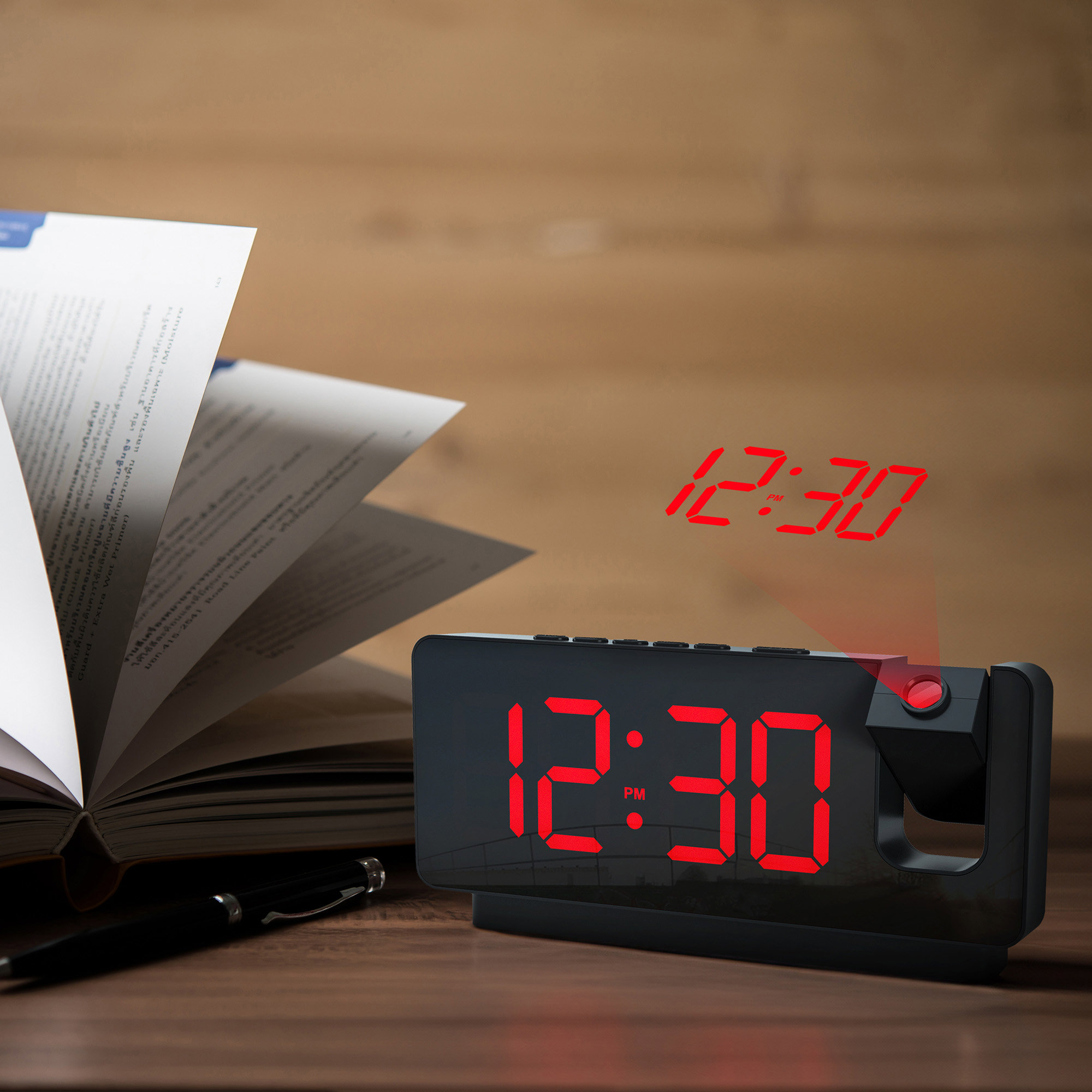 Digital clock projecting time 12:30 onto the surface. The clock face also shows 12:30 PM.