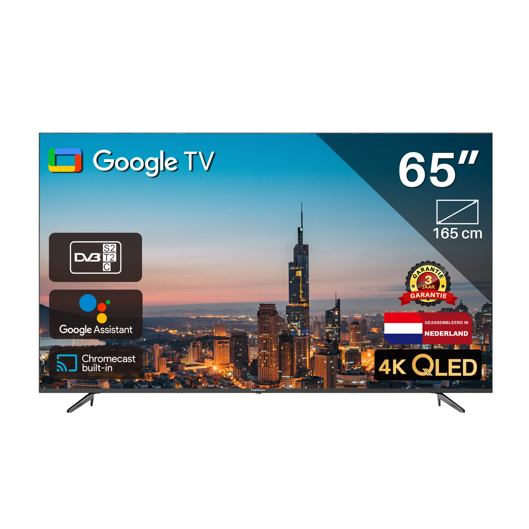 65-inch Google TV met skyline-achtergrond. 4K QLED. Witte achtergrond.