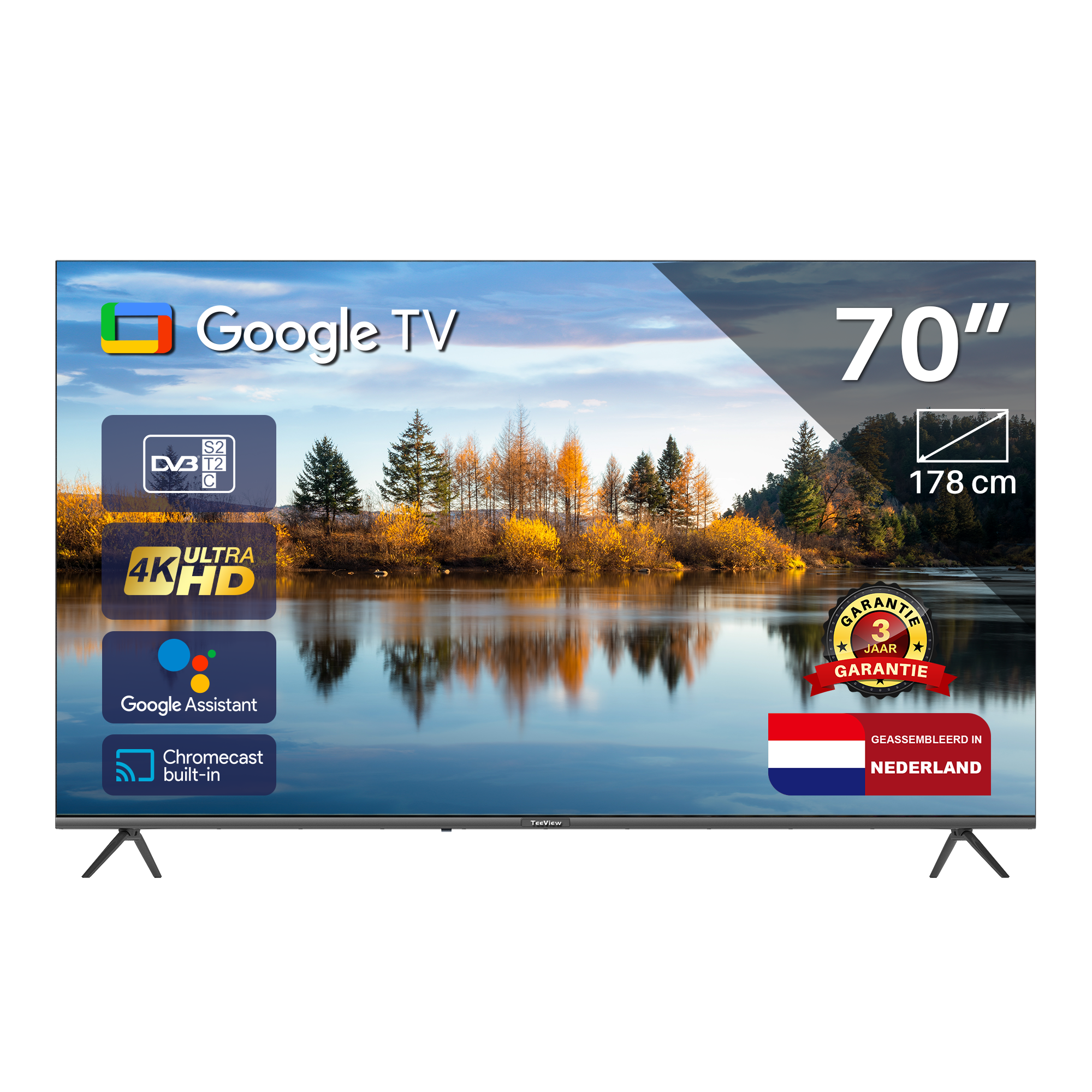 Een bovenaanzicht van een zwarte tv op een witte achtergrond. De tv heeft twee poten.