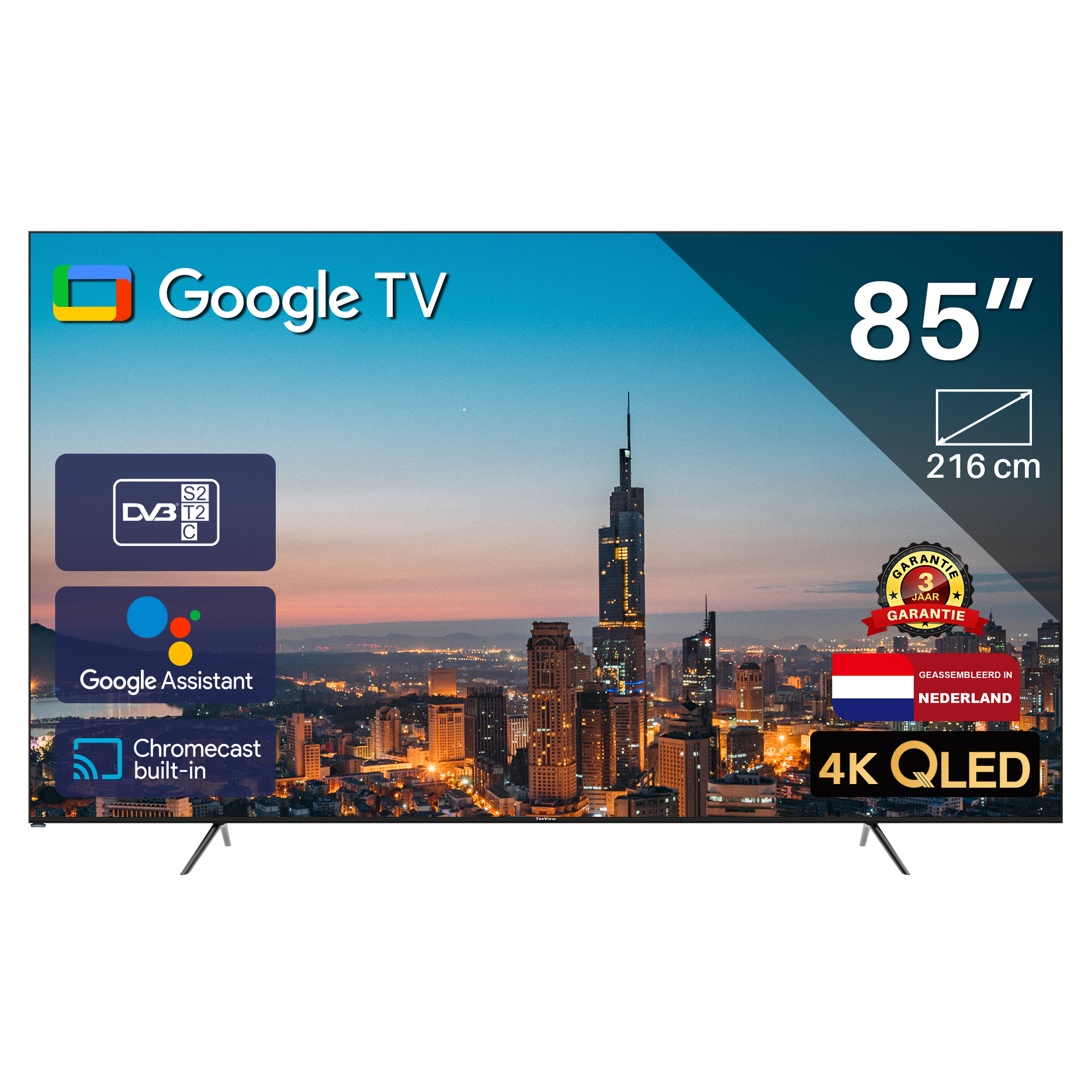 85 inch Google TV met een stadsgezicht. Zwart frame, standaard en witte achtergrond.