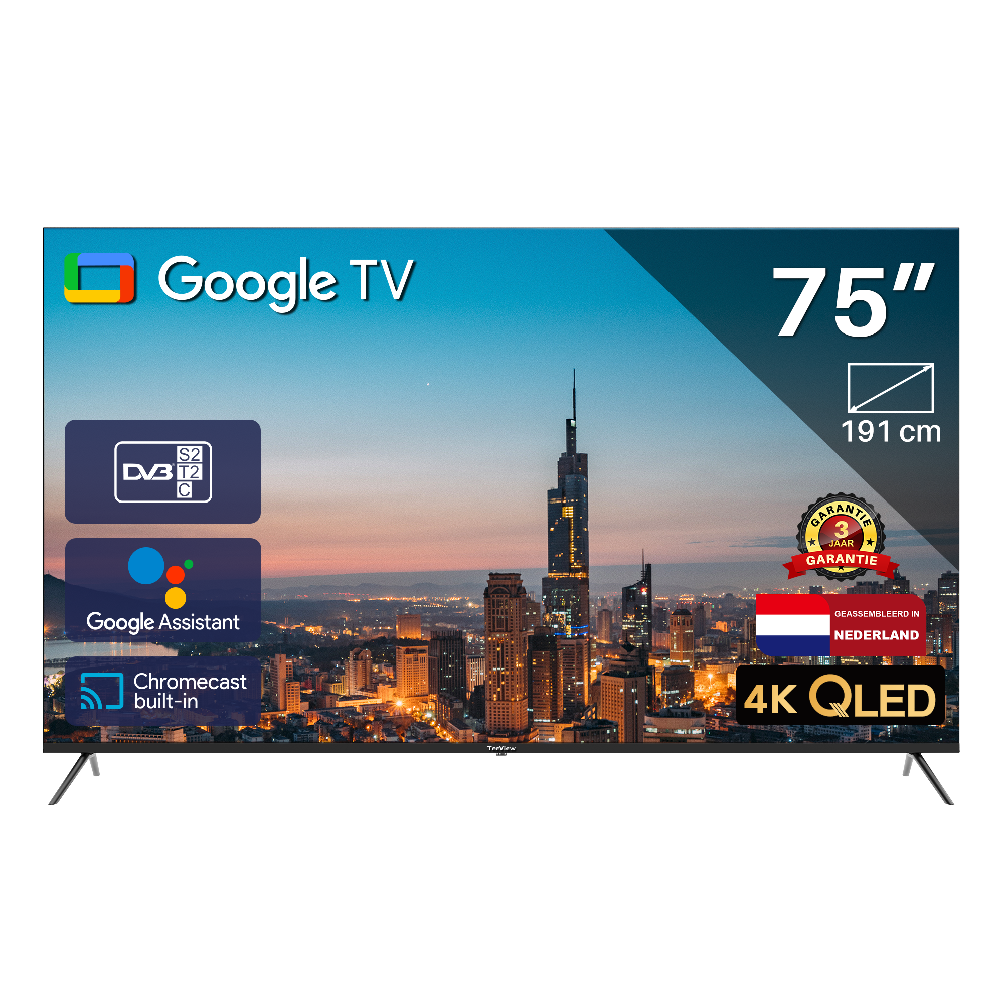 A 75-inch Google TV showing a cityscape at dusk, with a 3-year warranty logo.