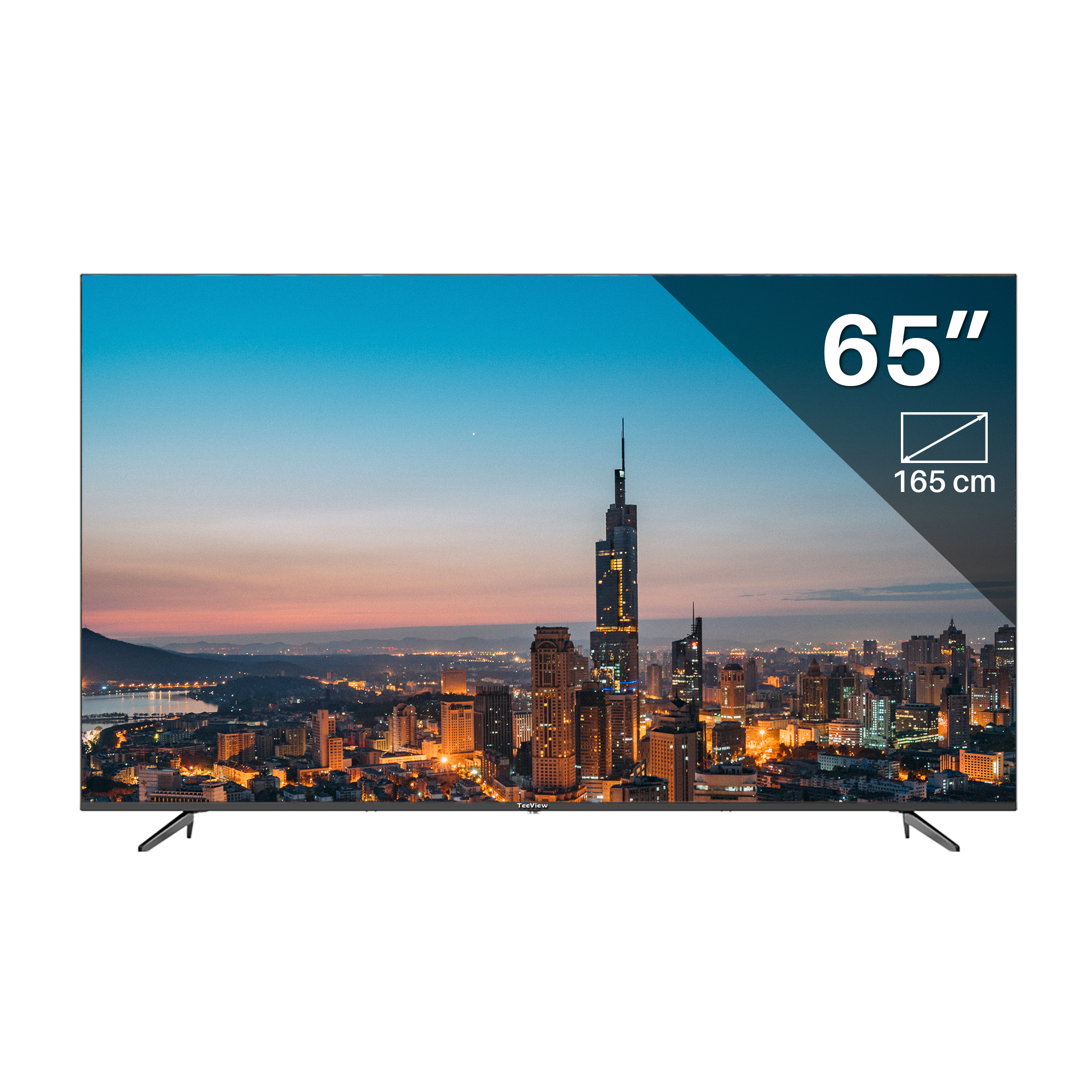Een 65-inch tv die een stadsgezicht bij zonsondergang weergeeft.