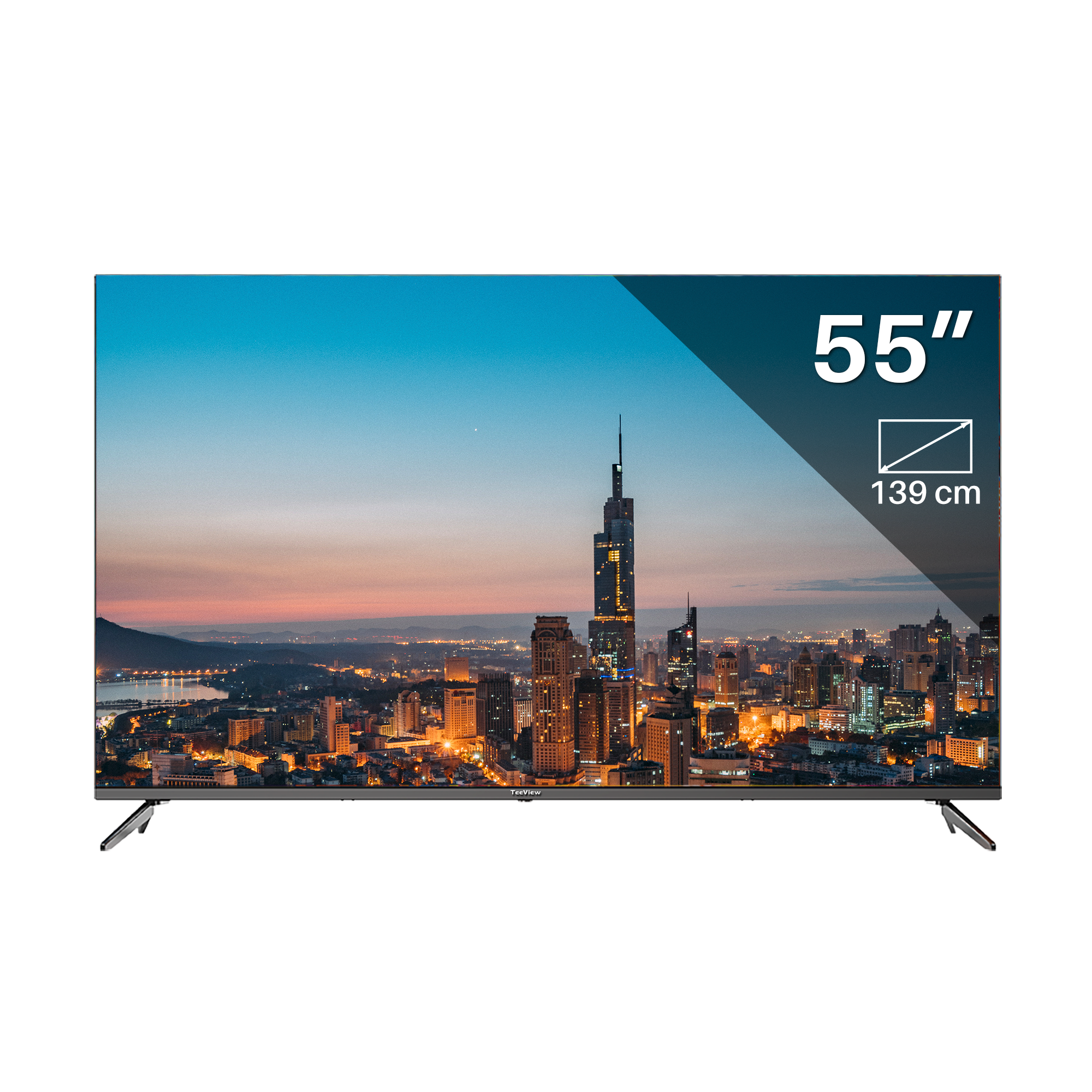 Een 55-inch tv die een stadsgezicht in de schemering weergeeft.
