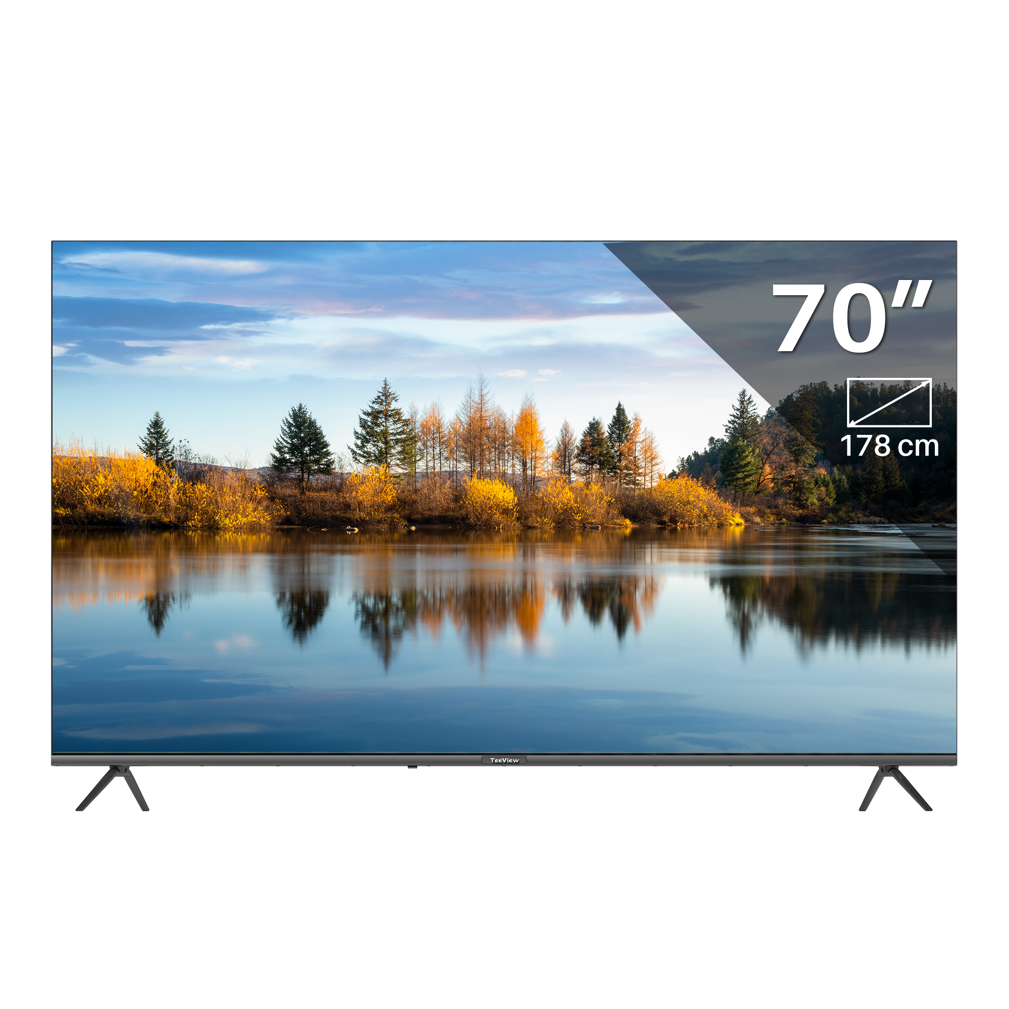 85-inch tv op standaard. Toont een stad 's nachts. Afmetingen worden weergegeven.