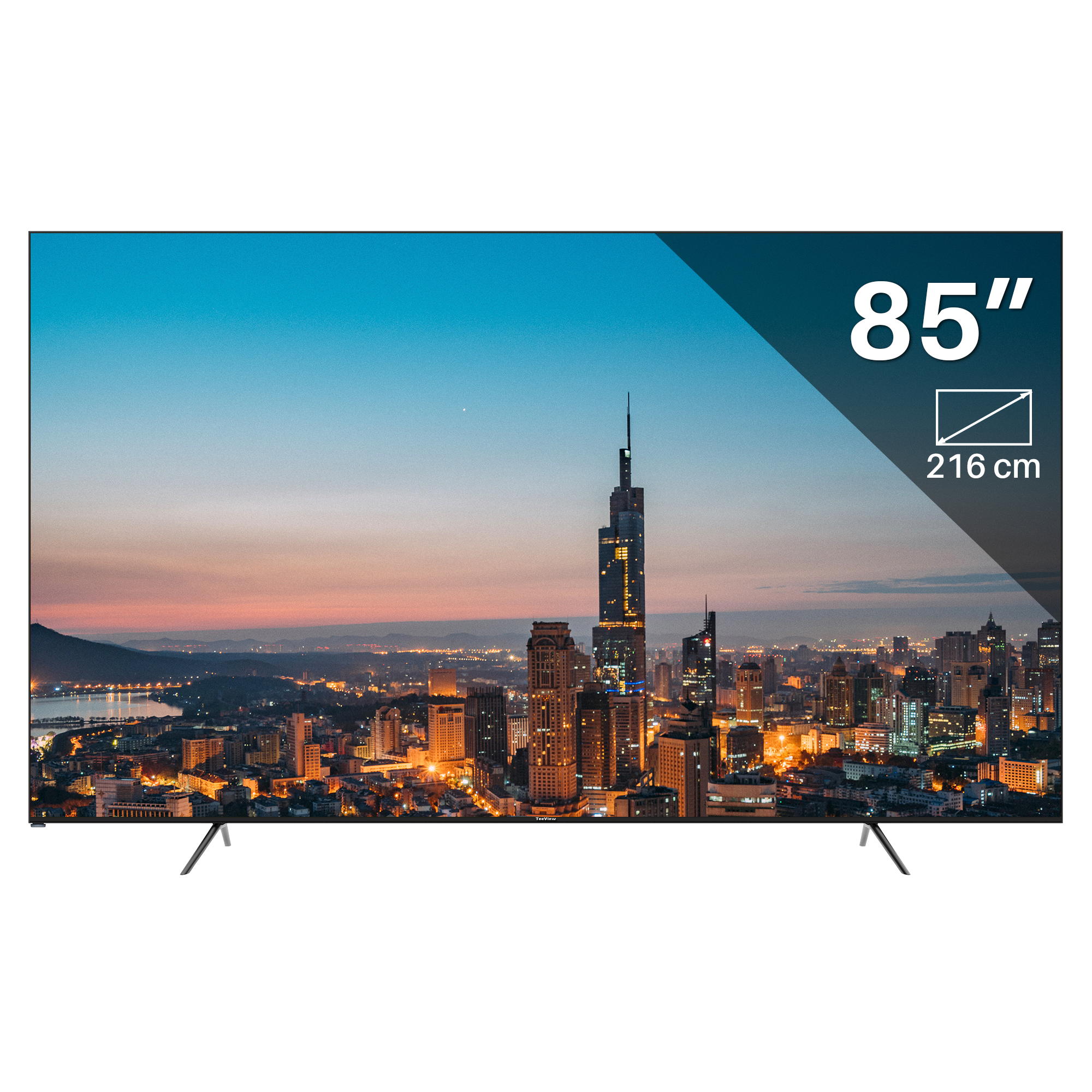 Een 85-inch tv toont een stadsgezicht in de schemering met de grootte weergegeven.
