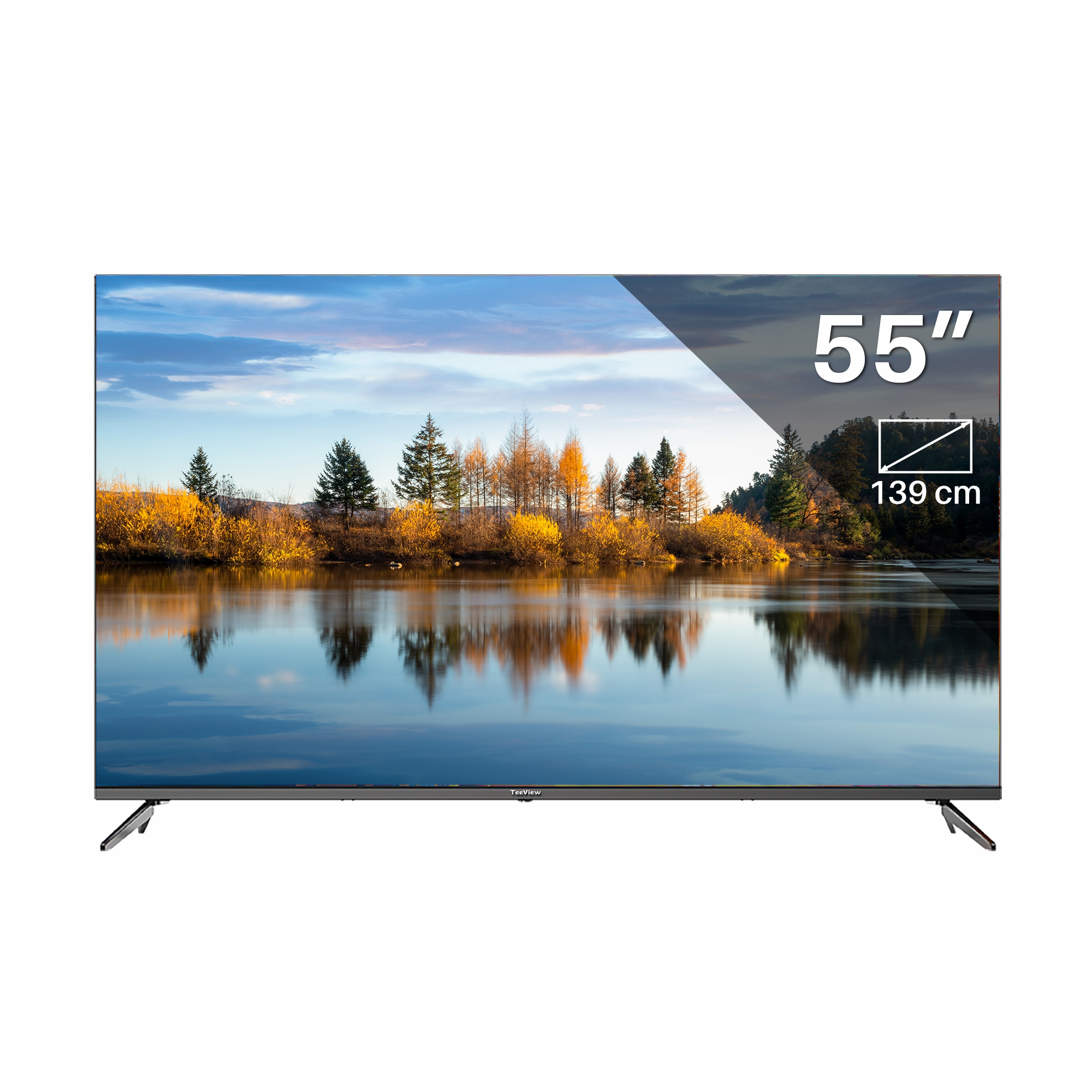 55-inch tv met een landschap van een meer, bomen en lucht. Het is een grote tv.