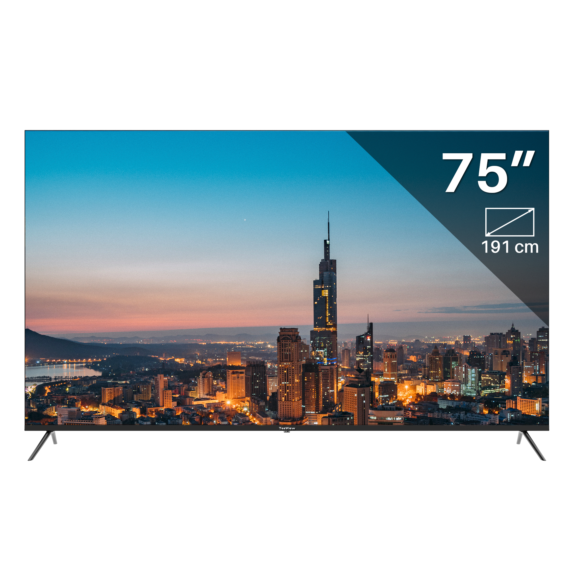 75-inch TV showing cityscape at dusk.