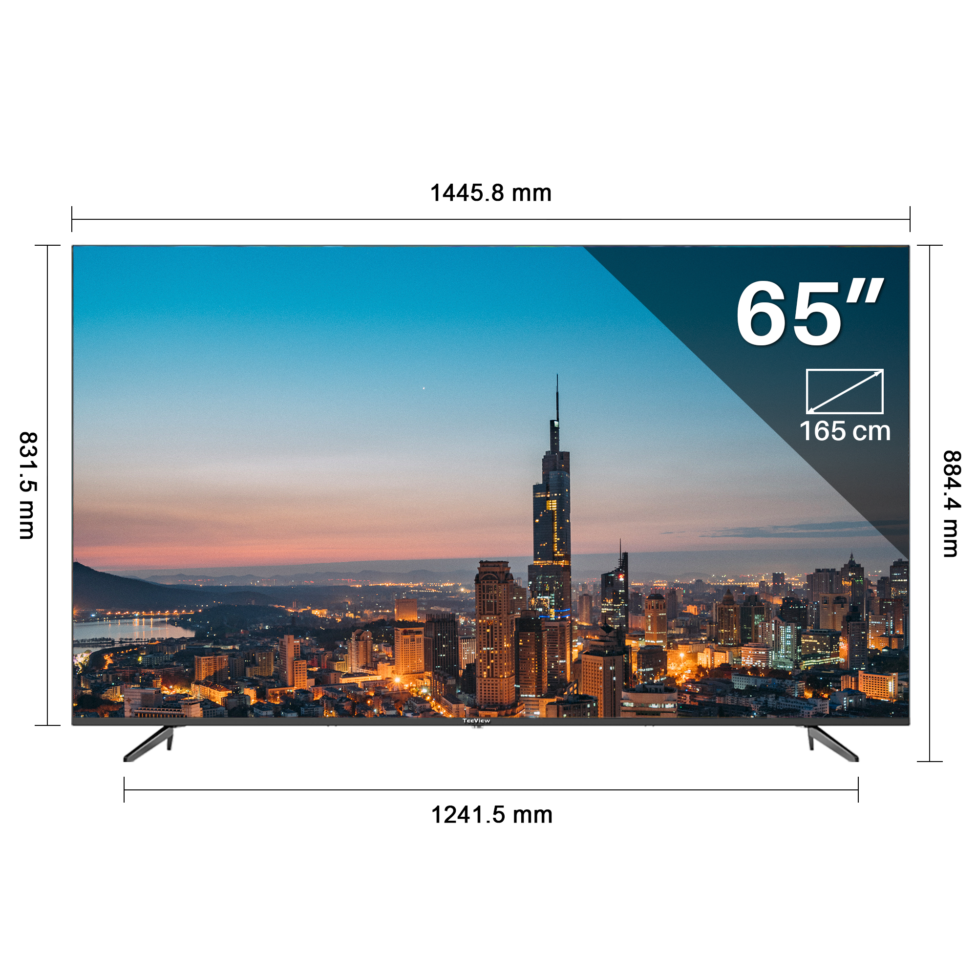 Een 65-inch tv die een stadsgezicht in de schemering laat zien, met afmetingen in millimeters.