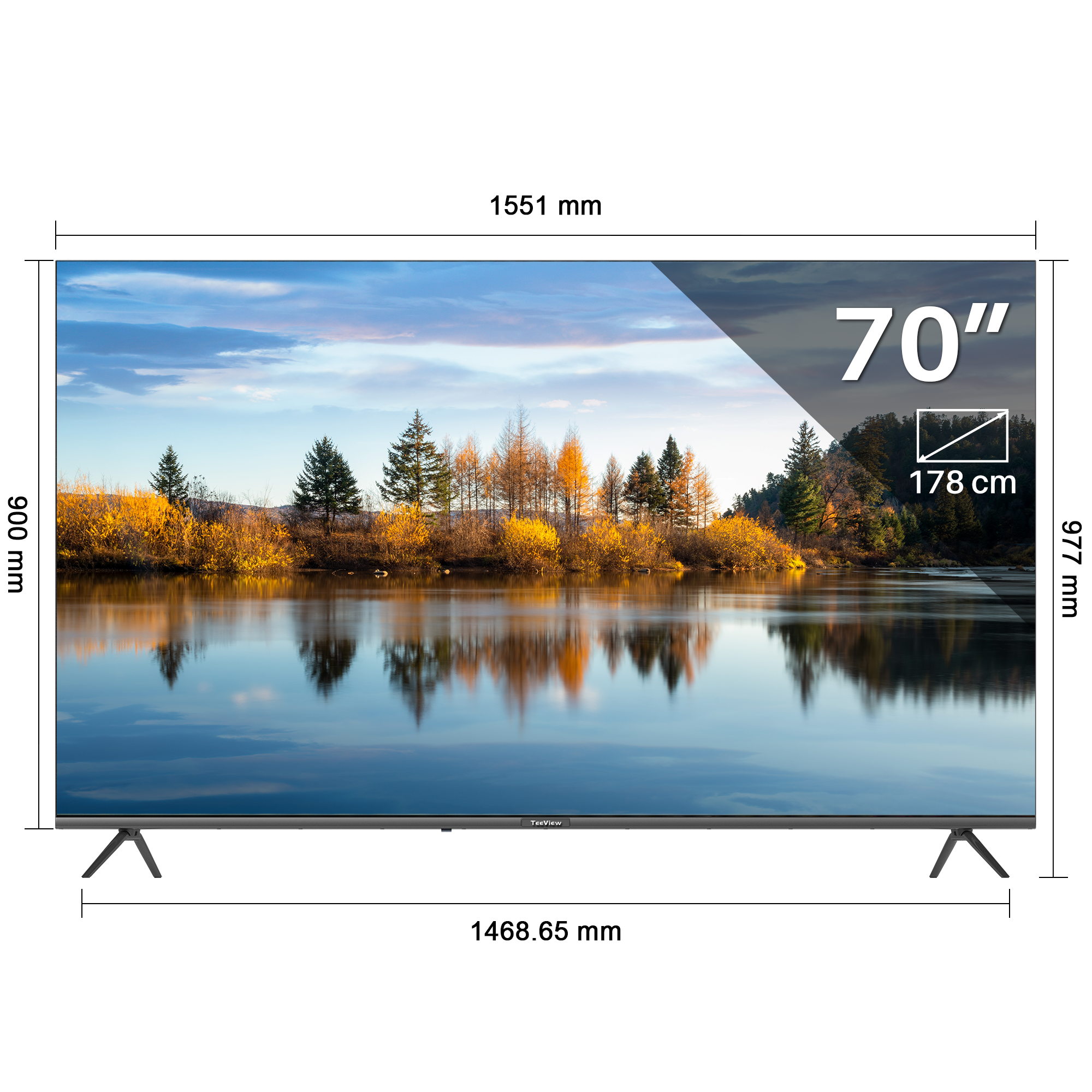 Een grote 70-inch tv met een landschap, met afmetingen en standaarddetails.