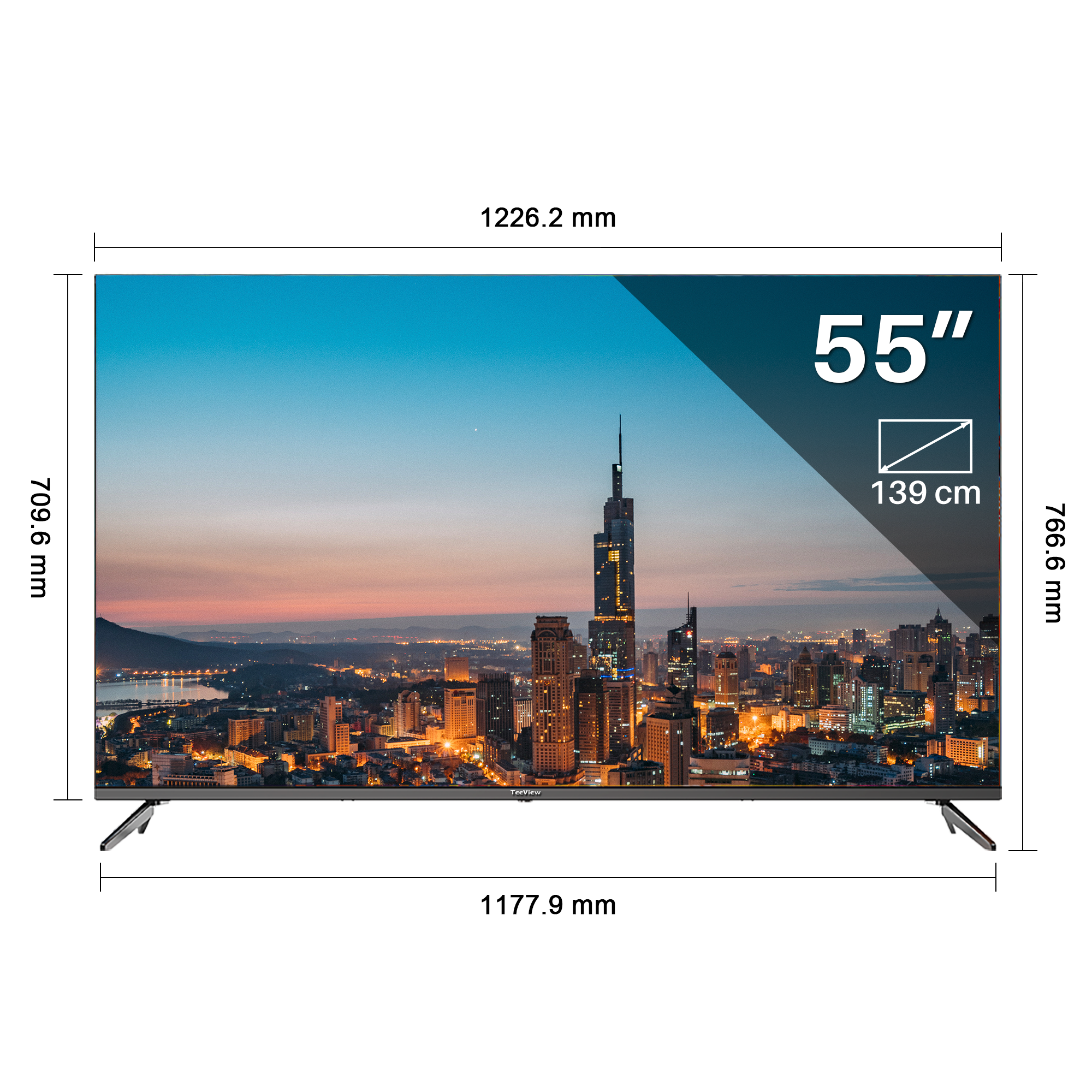 Een 55-inch tv toont een stadsgezicht in de schemering met afmetingen.