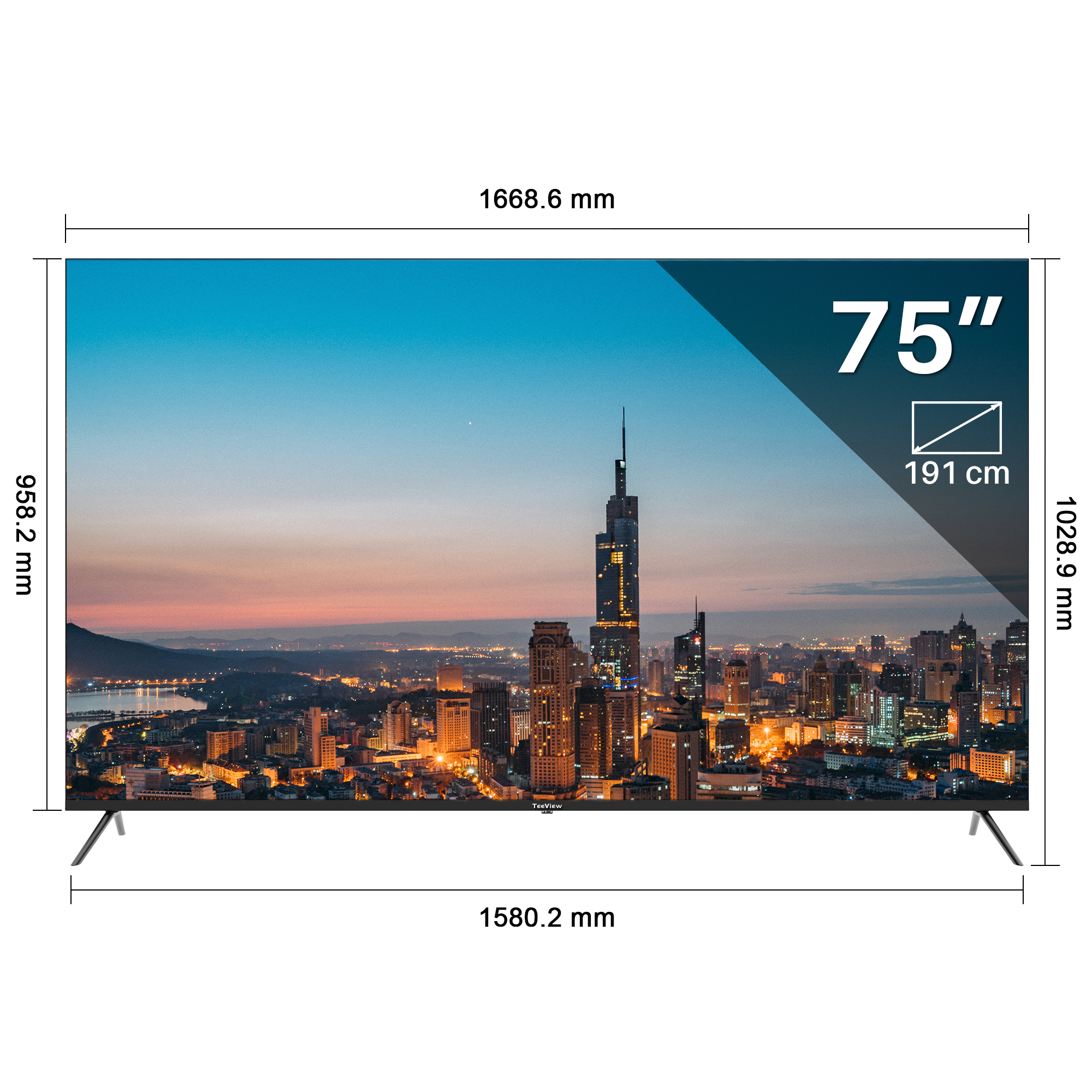 A 75" TV with cityscape background. Includes dimensions and text. The TV has black legs.