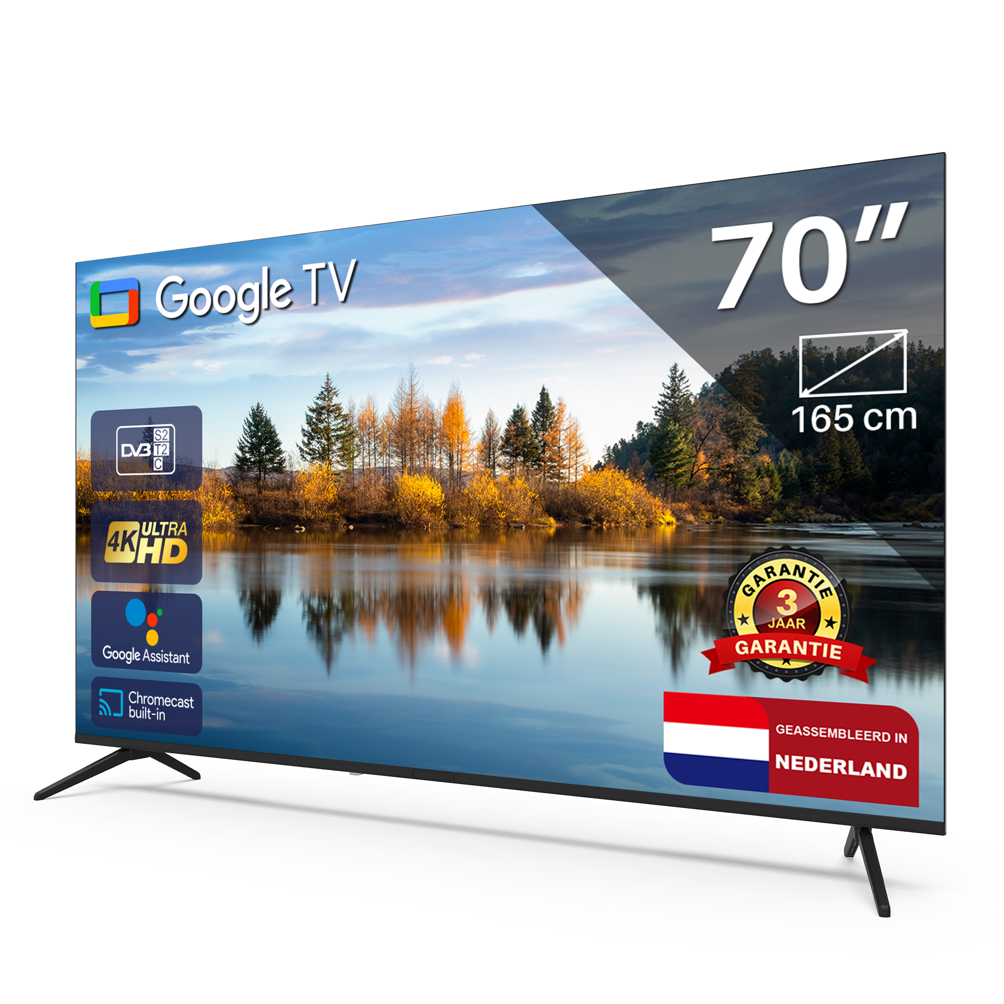 70-inch Google TV met een schilderachtig uitzicht op een meer, met pictogrammen en branding op het scherm.