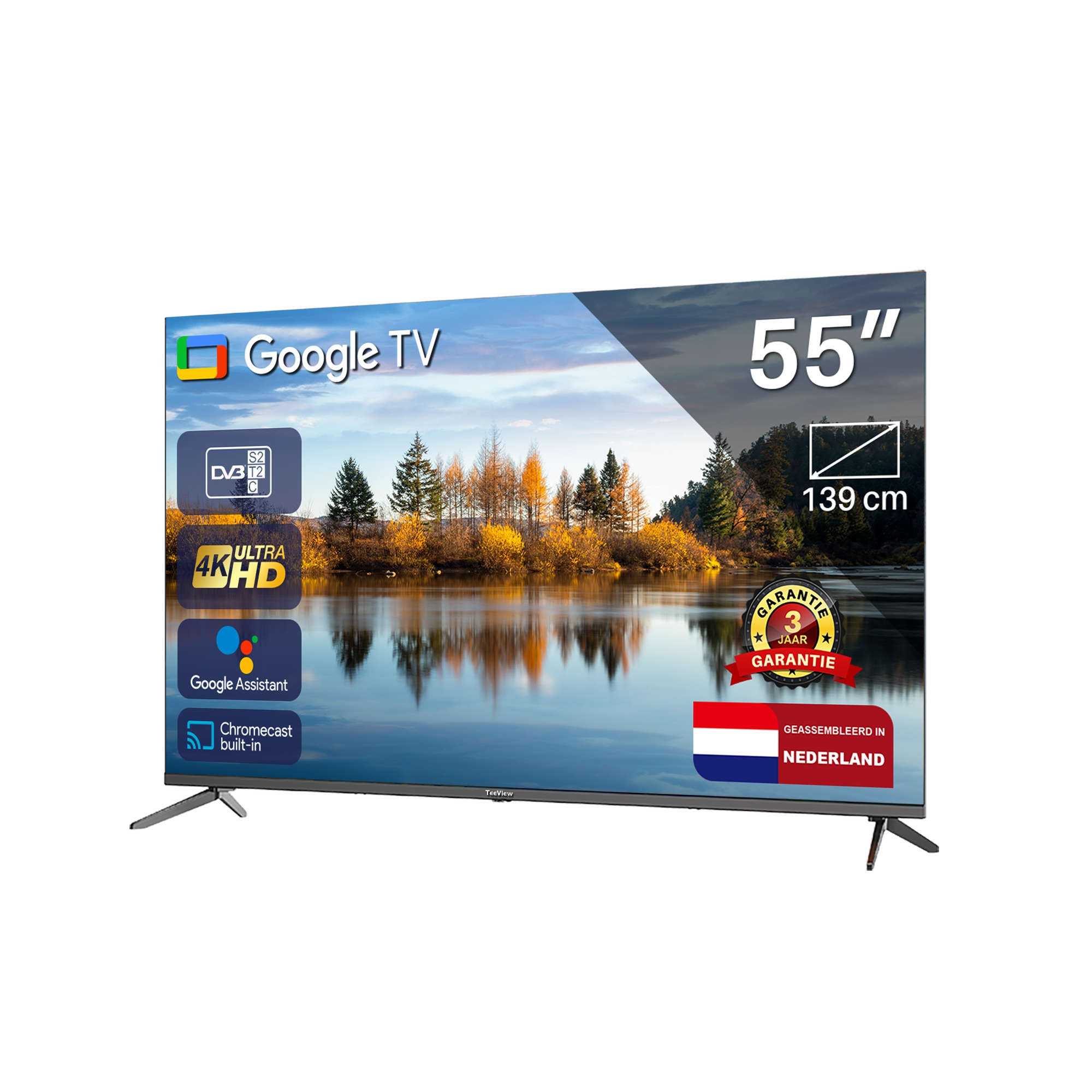 Een 55-inch tv met een Google TV-logo, met een landschapsbeeld.