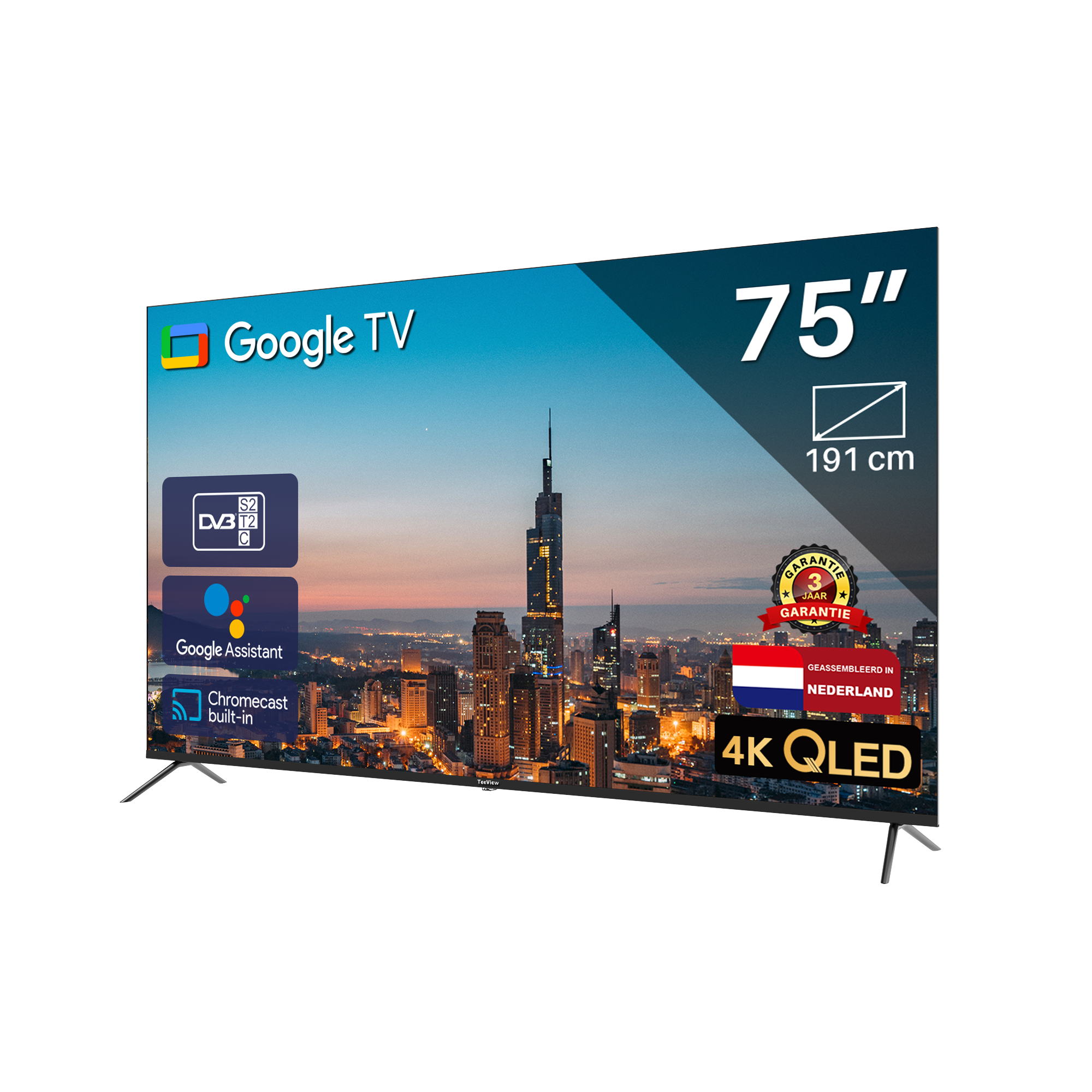 A 75-inch TV with Google TV features. The screen shows a cityscape. It has 4K QLED and 3-year warranty.