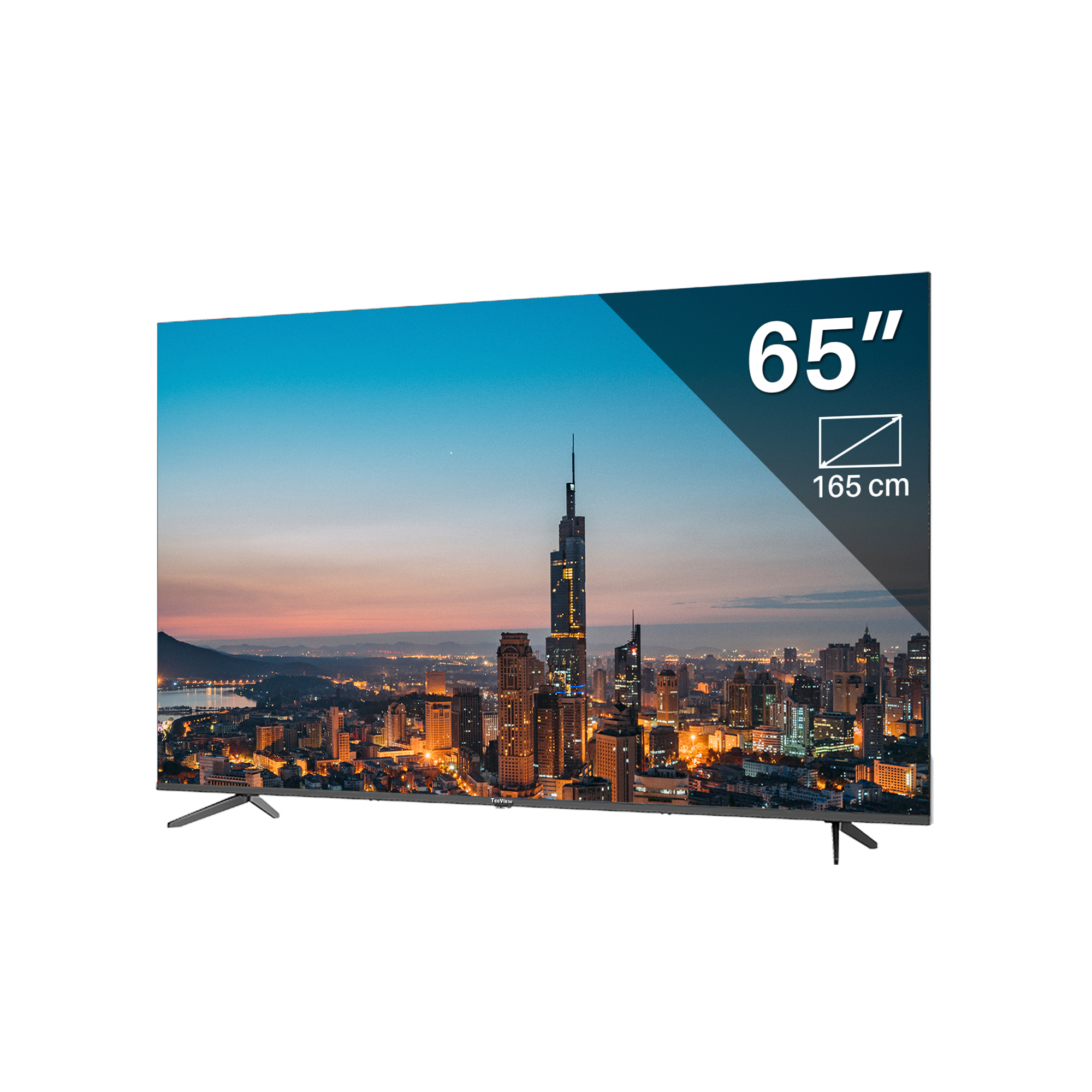 65-inch tv met skyline bij schemering, met 65" overlay.