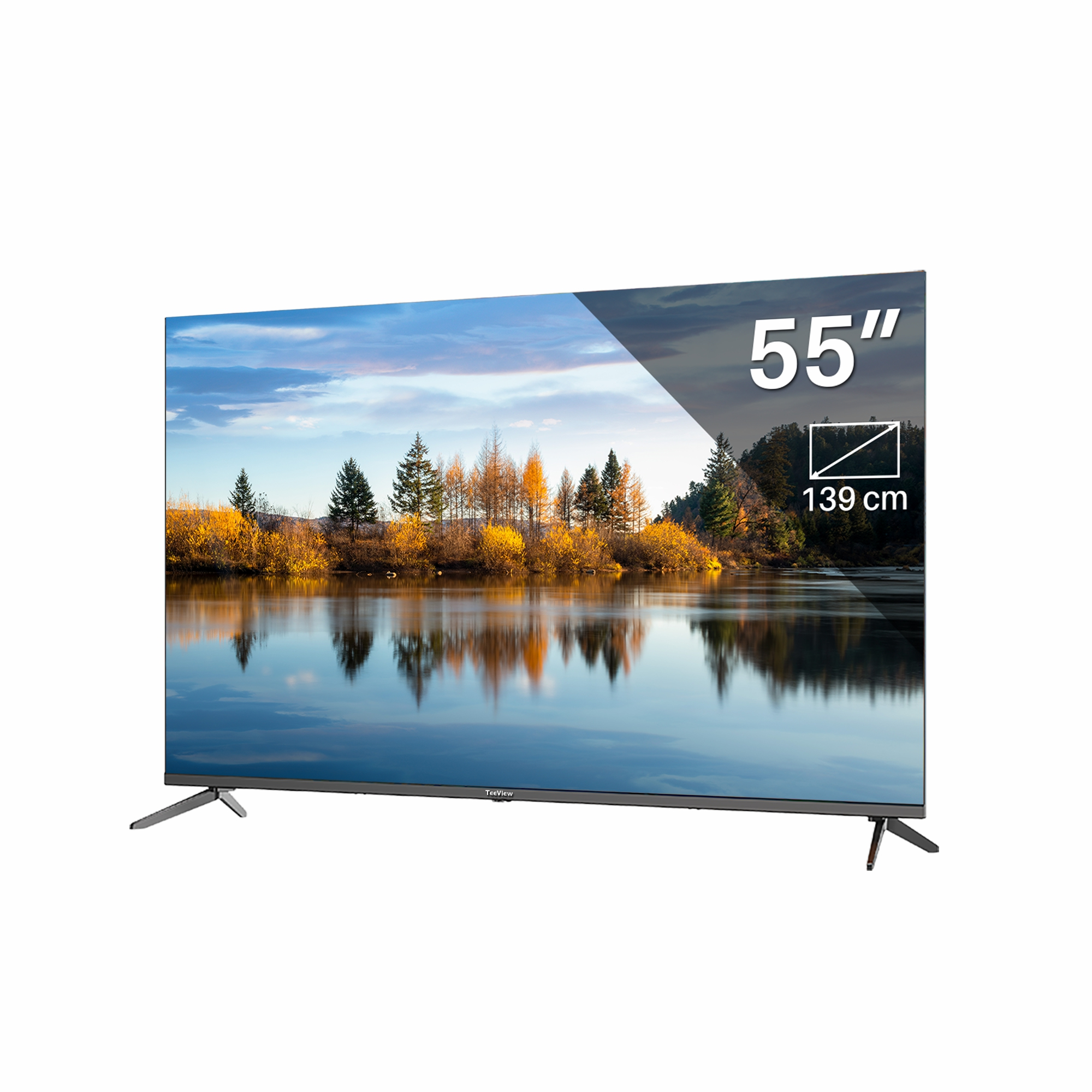Een grootbeeld-tv met een landschapsscène, op een standaard. Het scherm toont 55" en 139 cm.