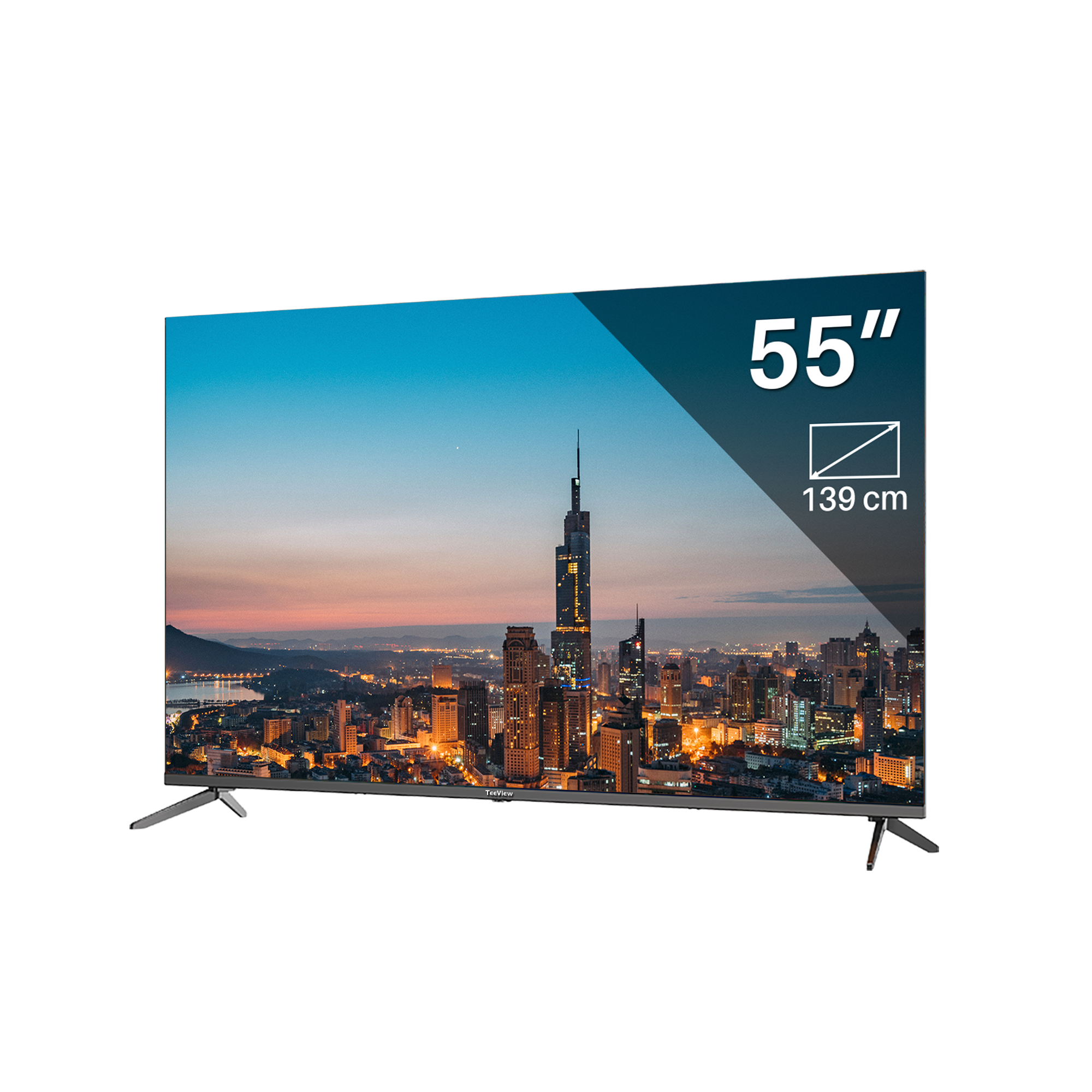 55-inch tv die een stadsgezicht in de schemering toont.