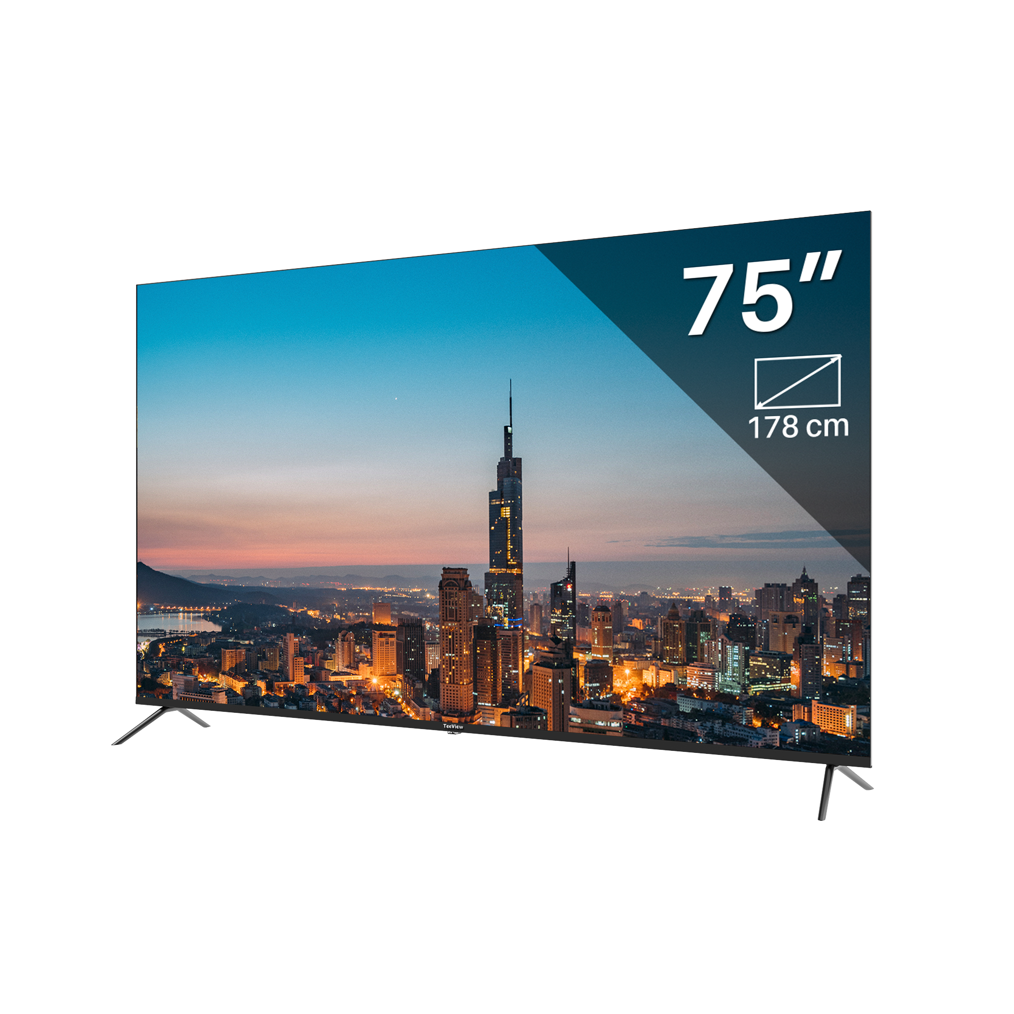 75 inch TV displaying a cityscape. Black screen frame and stand, dark background.