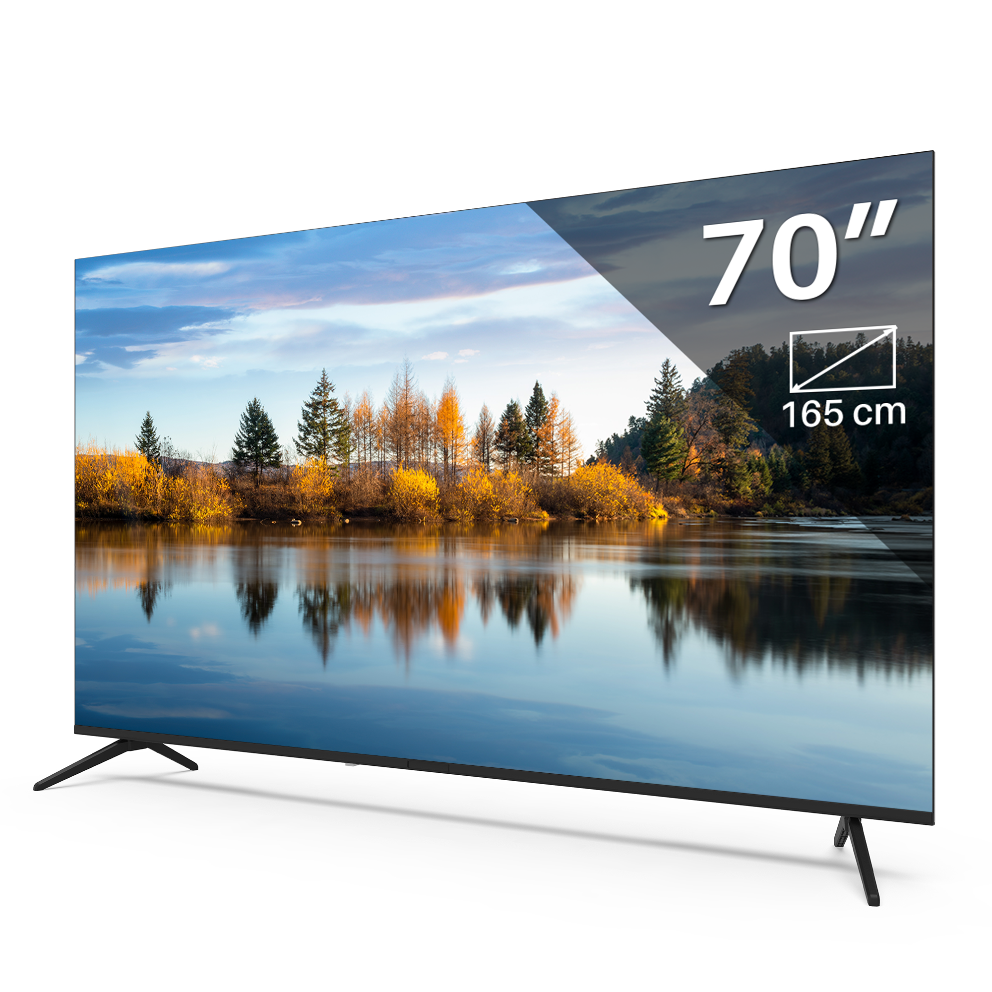 70-inch tv met een landschap. Witte achtergrond. 4K QLED.