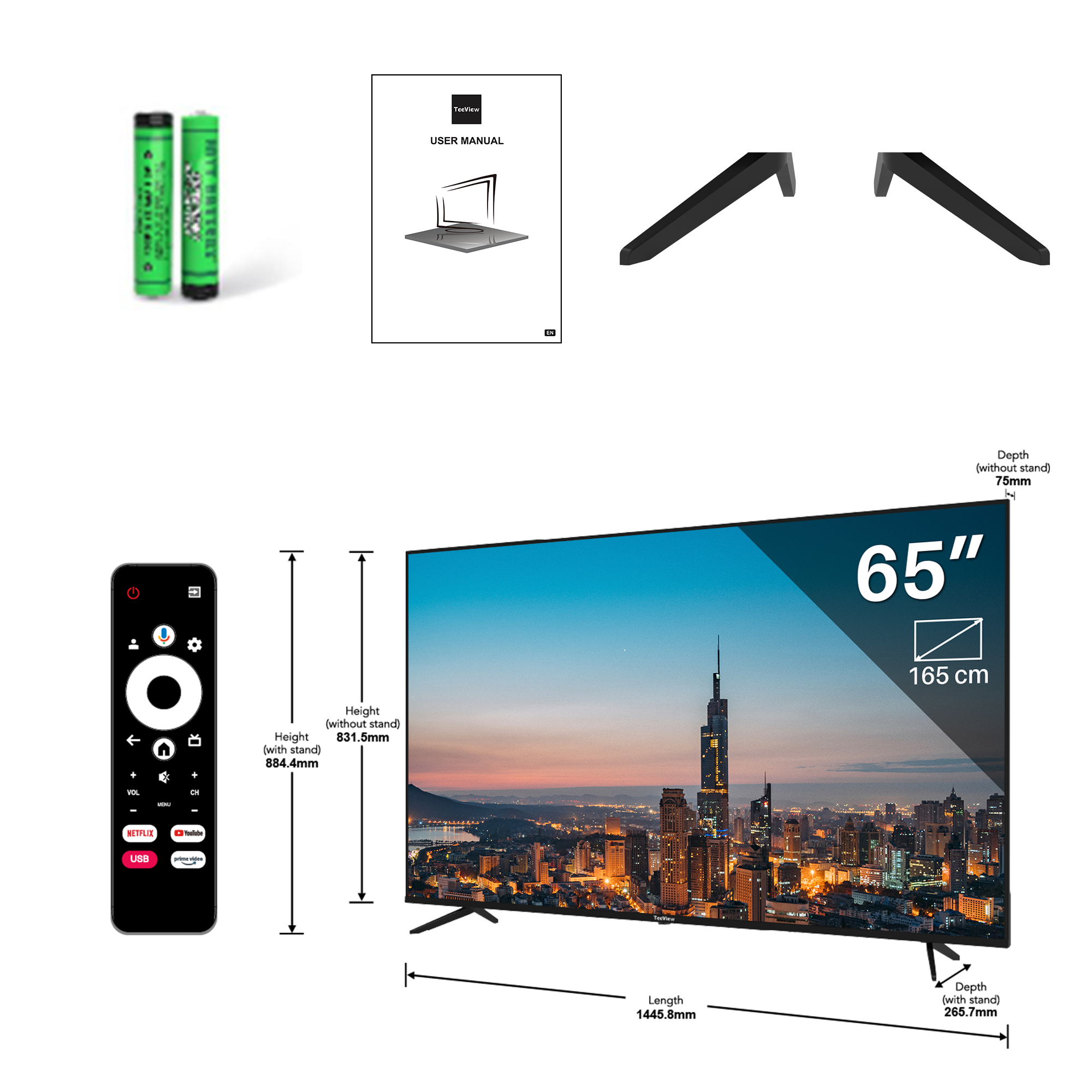 Tv-set met accessoires. Inclusief een gebruikershandleiding, afstandsbediening en standcomponenten.