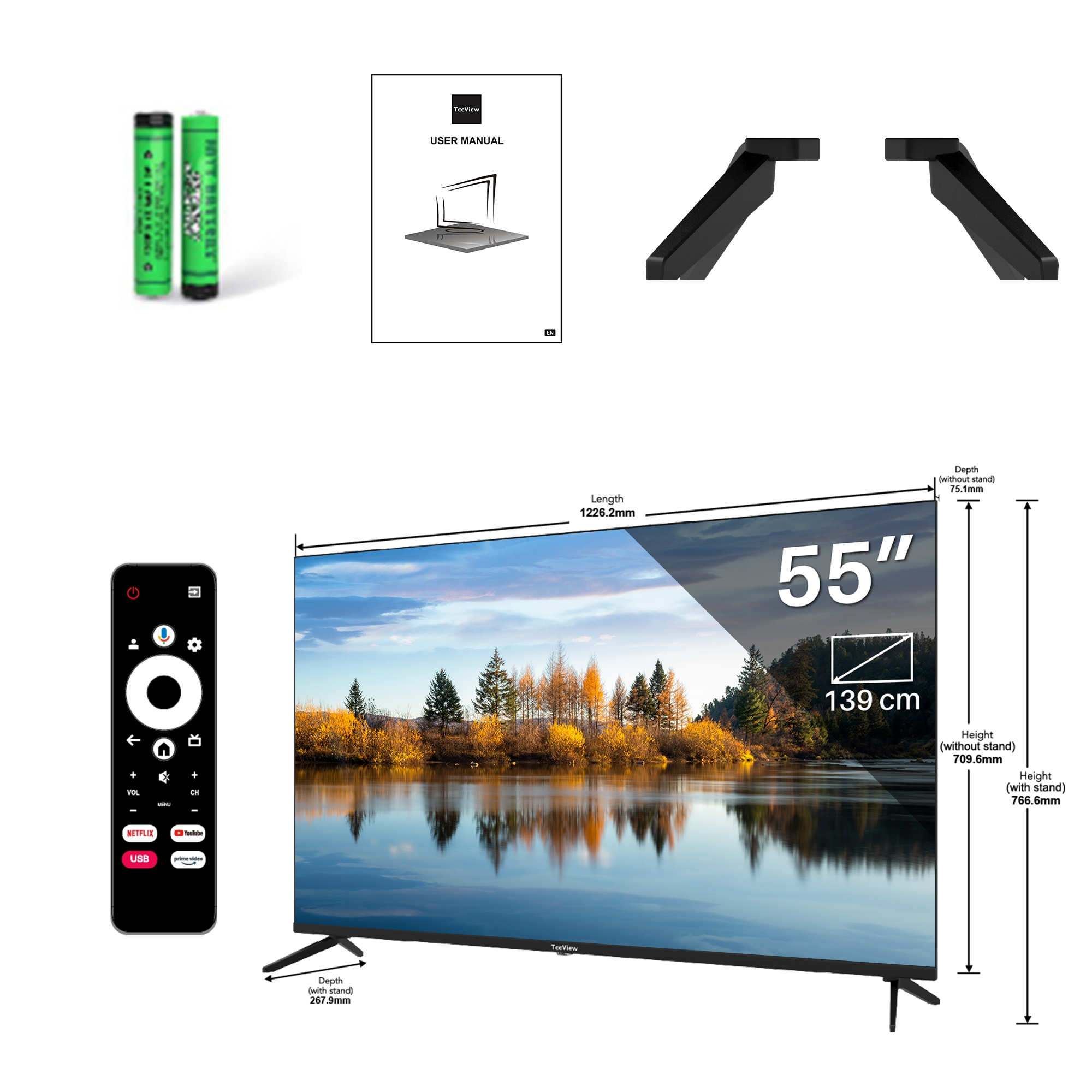 Een 55-inch tv met accessoires, inclusief afstandsbediening, batterijen en handleiding, op wit.