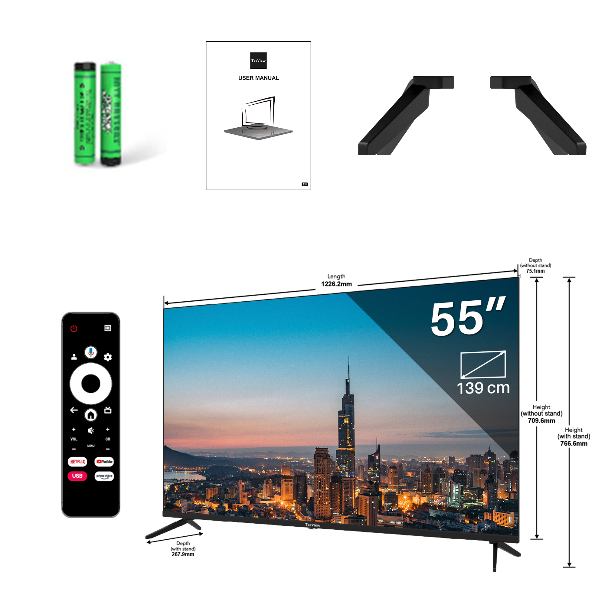 Een 55-inch tv, afstandsbediening, batterijen en standcomponenten, met een stadsgezicht als achtergrond.