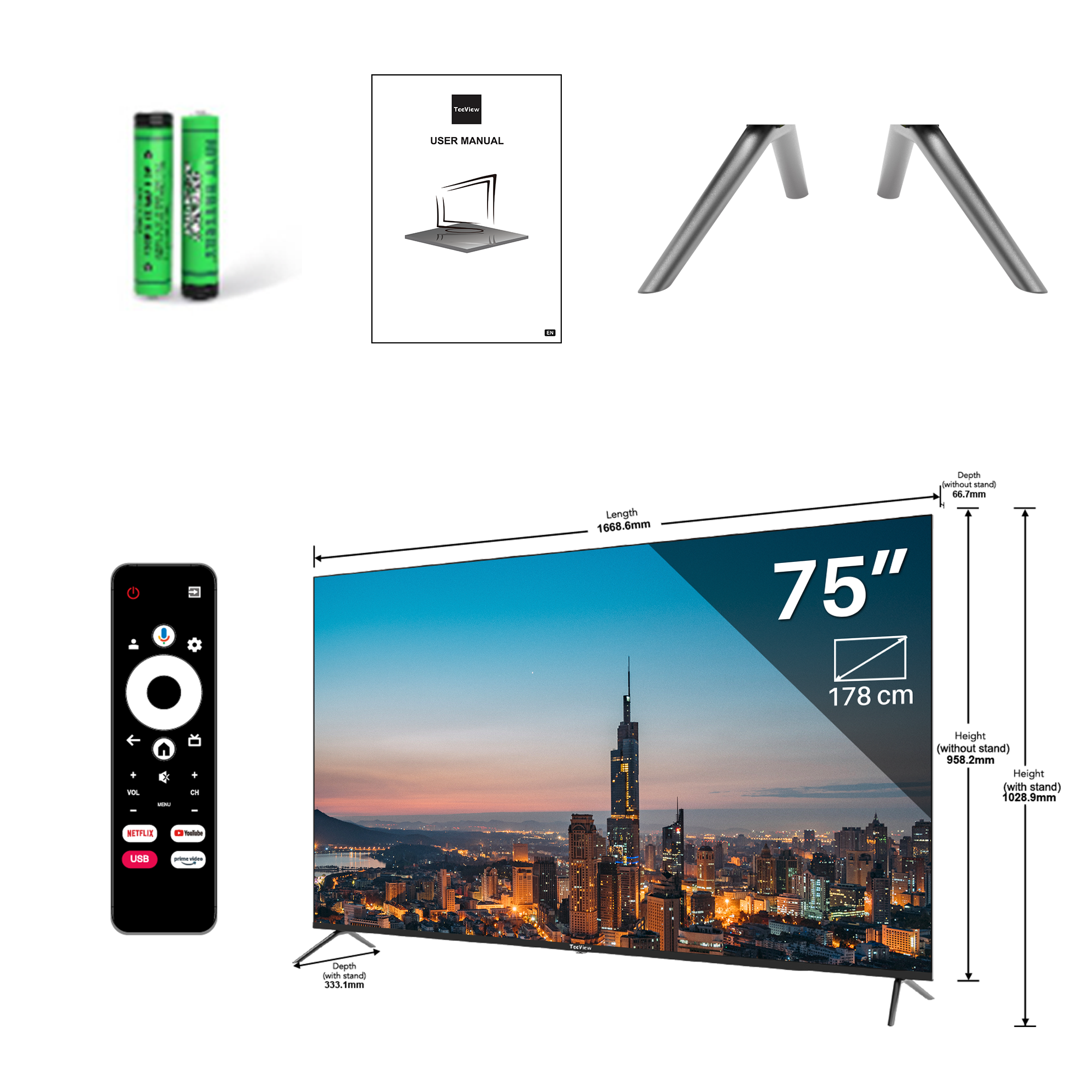 A 75-inch TV, remote, batteries, and stand components with a cityscape background.