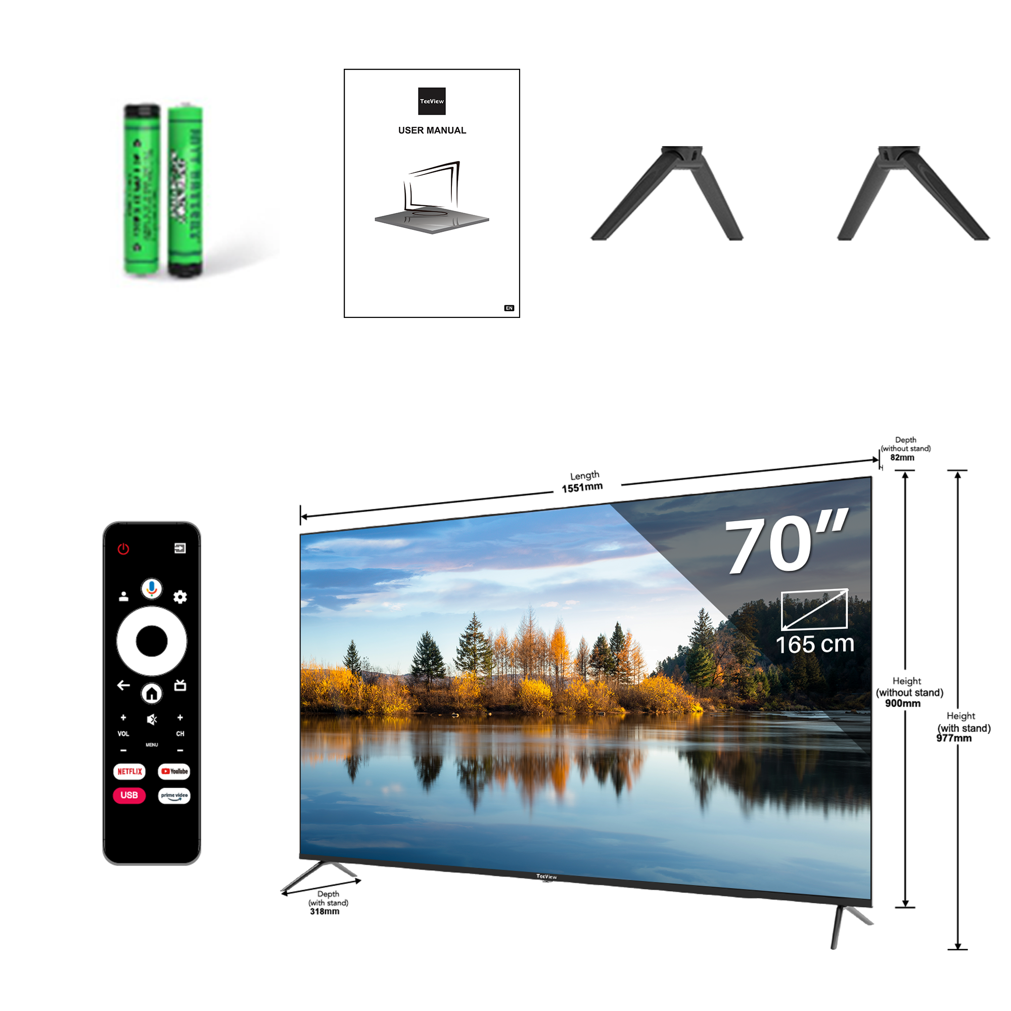 70" tv met afstandsbediening, batterijen, standaardonderdelen en handleiding.