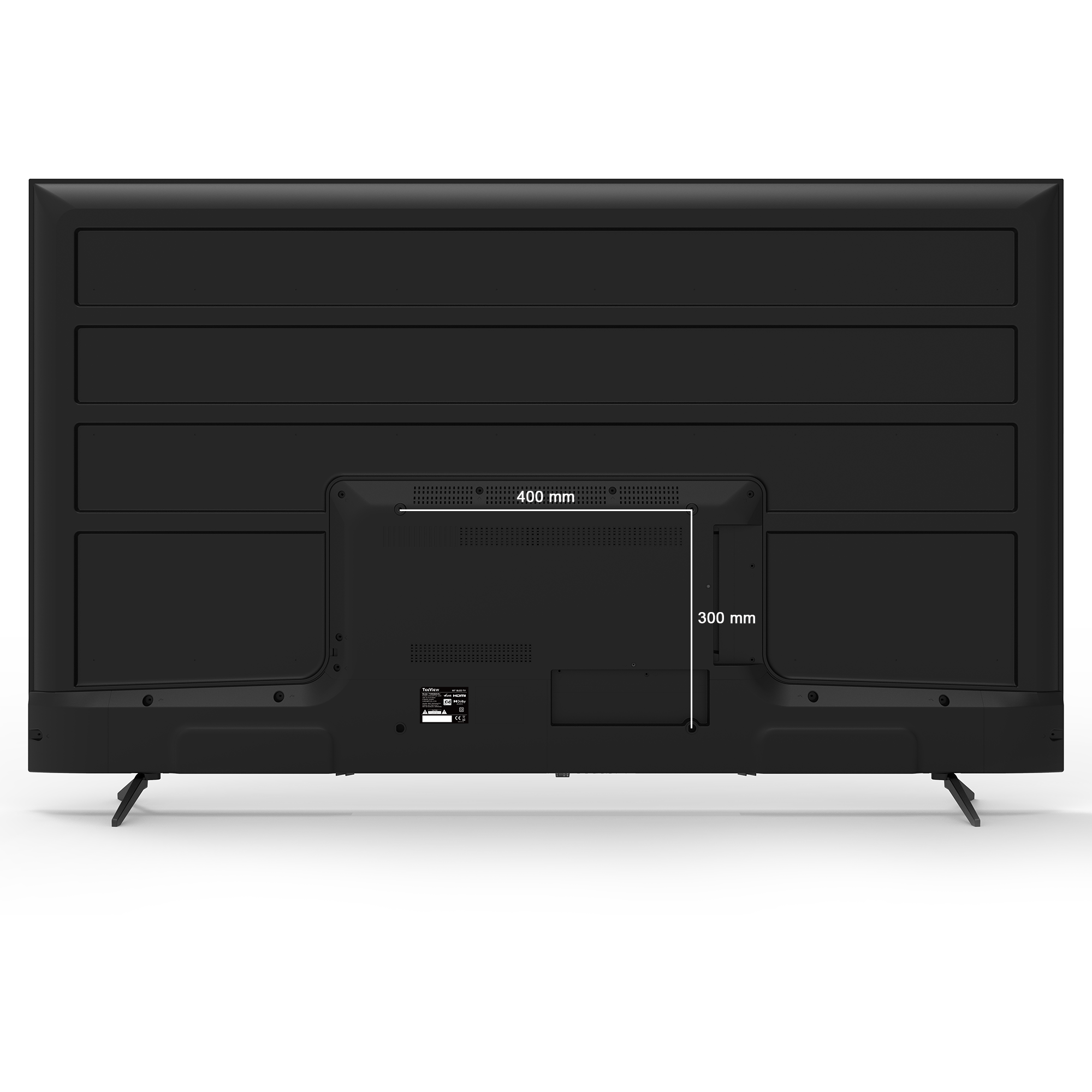 De achterkant van een zwarte tv, met poorten en montagepunten, met afmetingen.