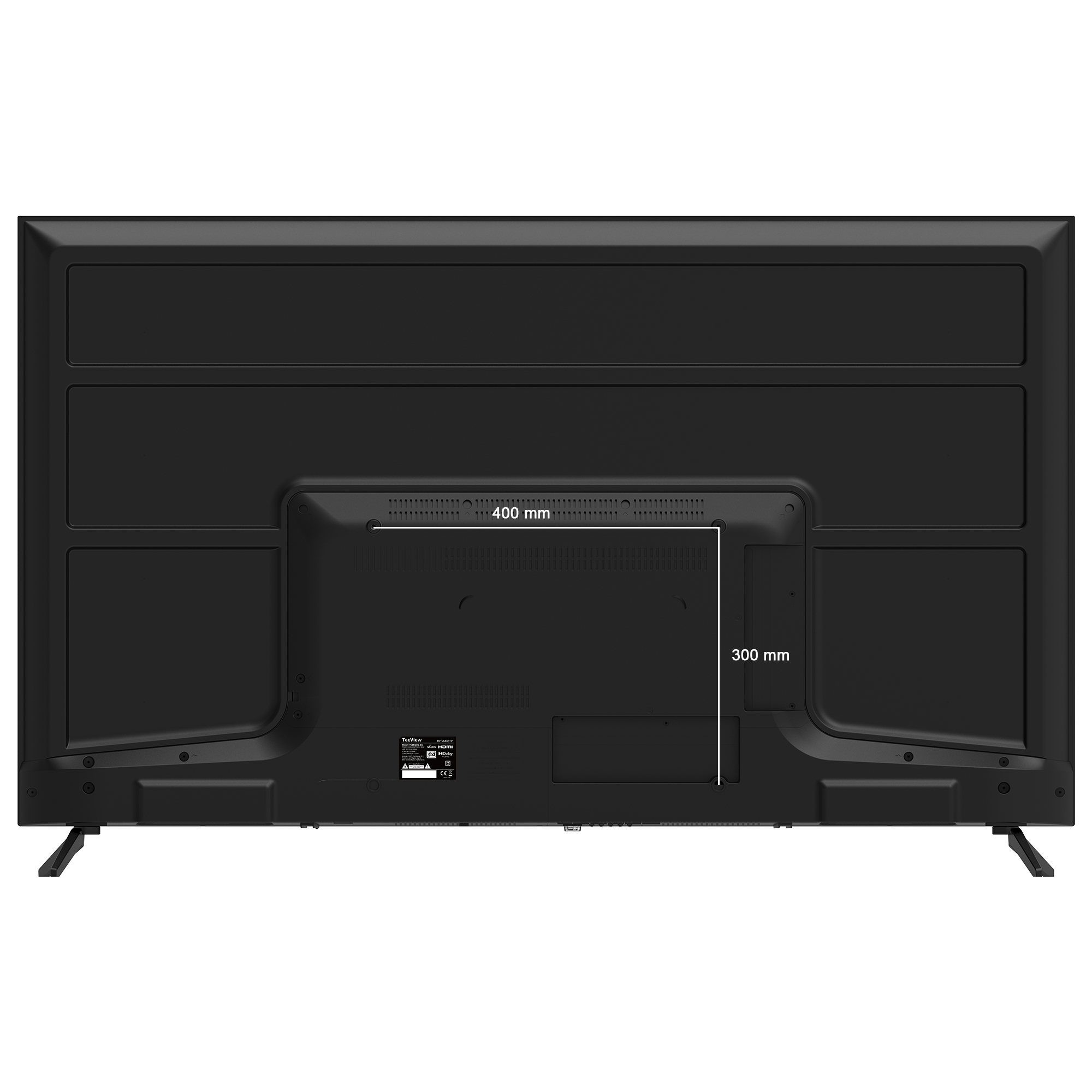 Achterkant van een zwarte tv. Diagram toont afmetingen: 400mm x 300mm.