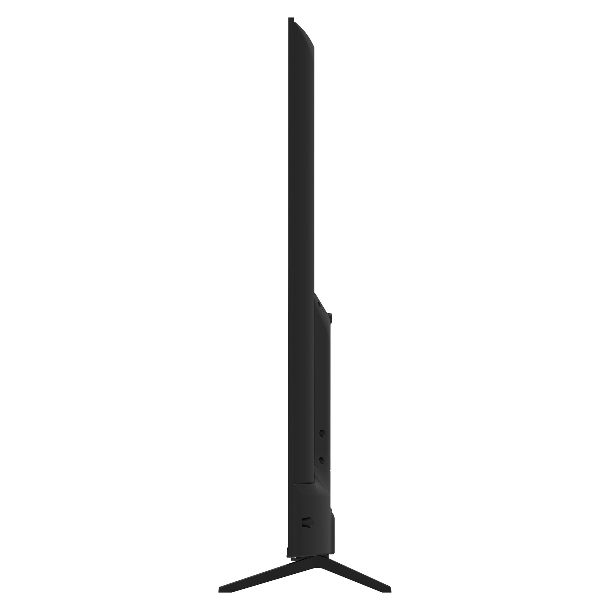 Zijaanzicht van een zwarte tv op een standaard, met het scherm, frame en poten van de standaard.