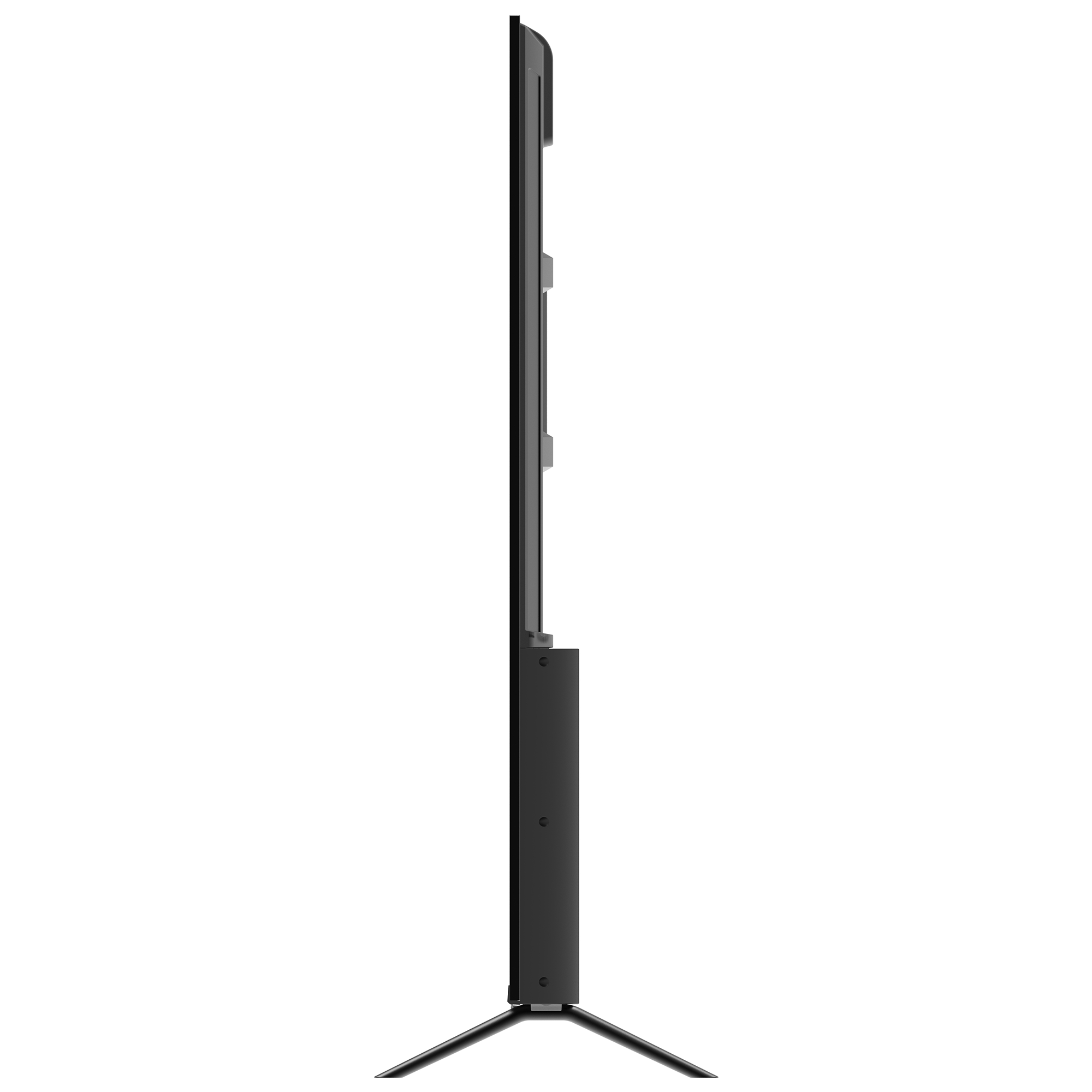 Side view of a black TV on thin legs. The back has a mounting plate and a power cable.