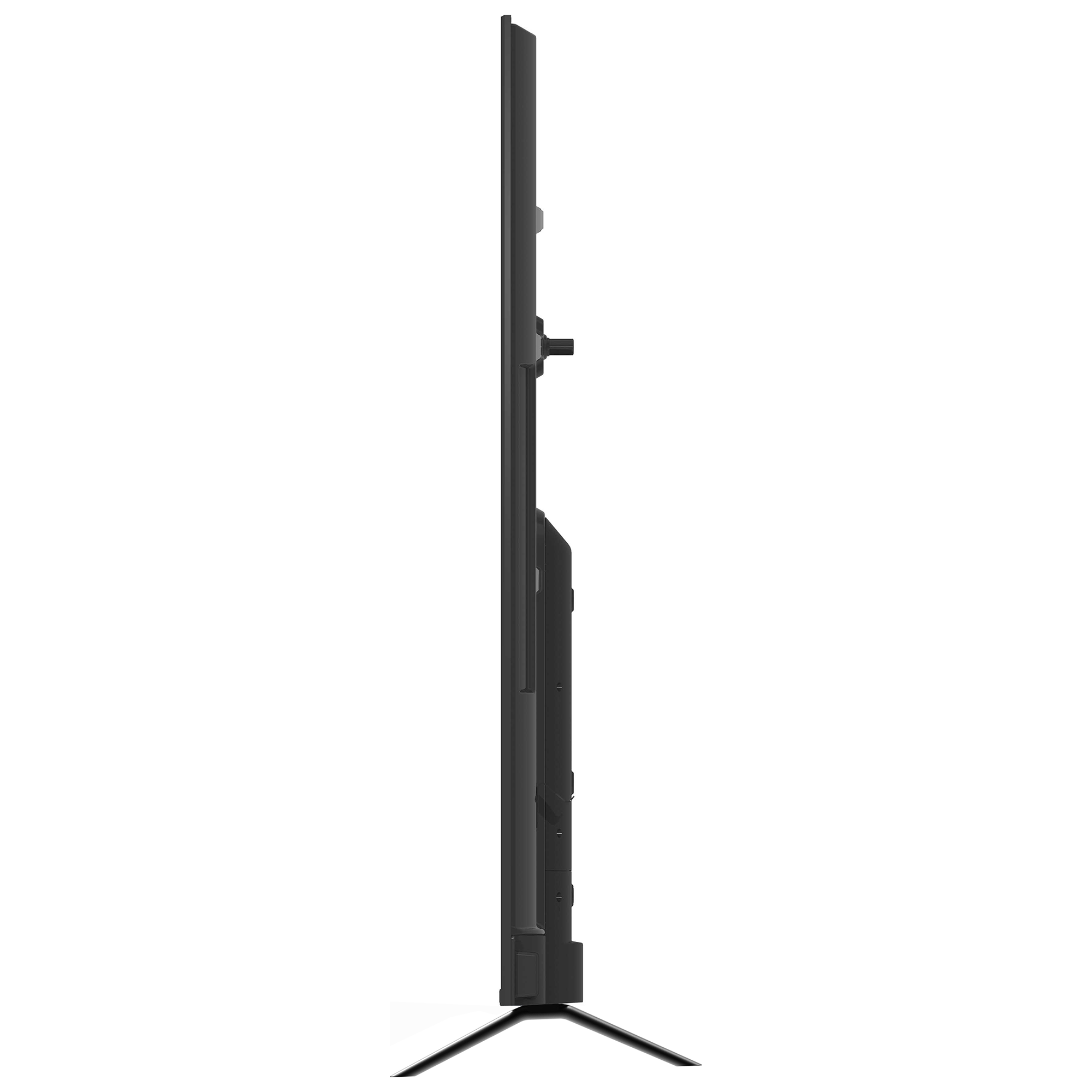 Zijaanzicht van een zwarte tv, met een minimalistisch design, op een zwarte basis.