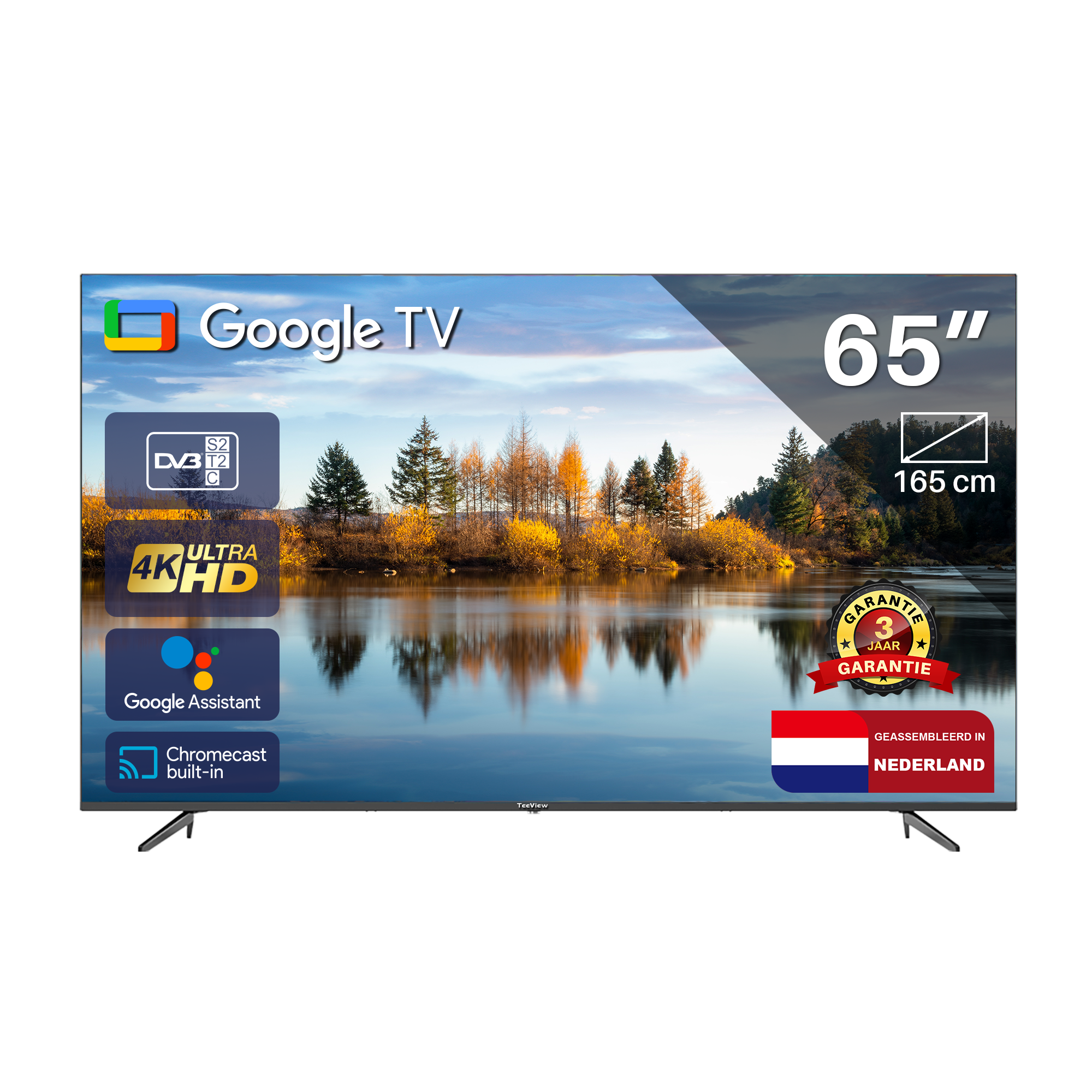 65-inch Google TV met landschapsachtergrond, 4K QLED. Witte achtergrond.
