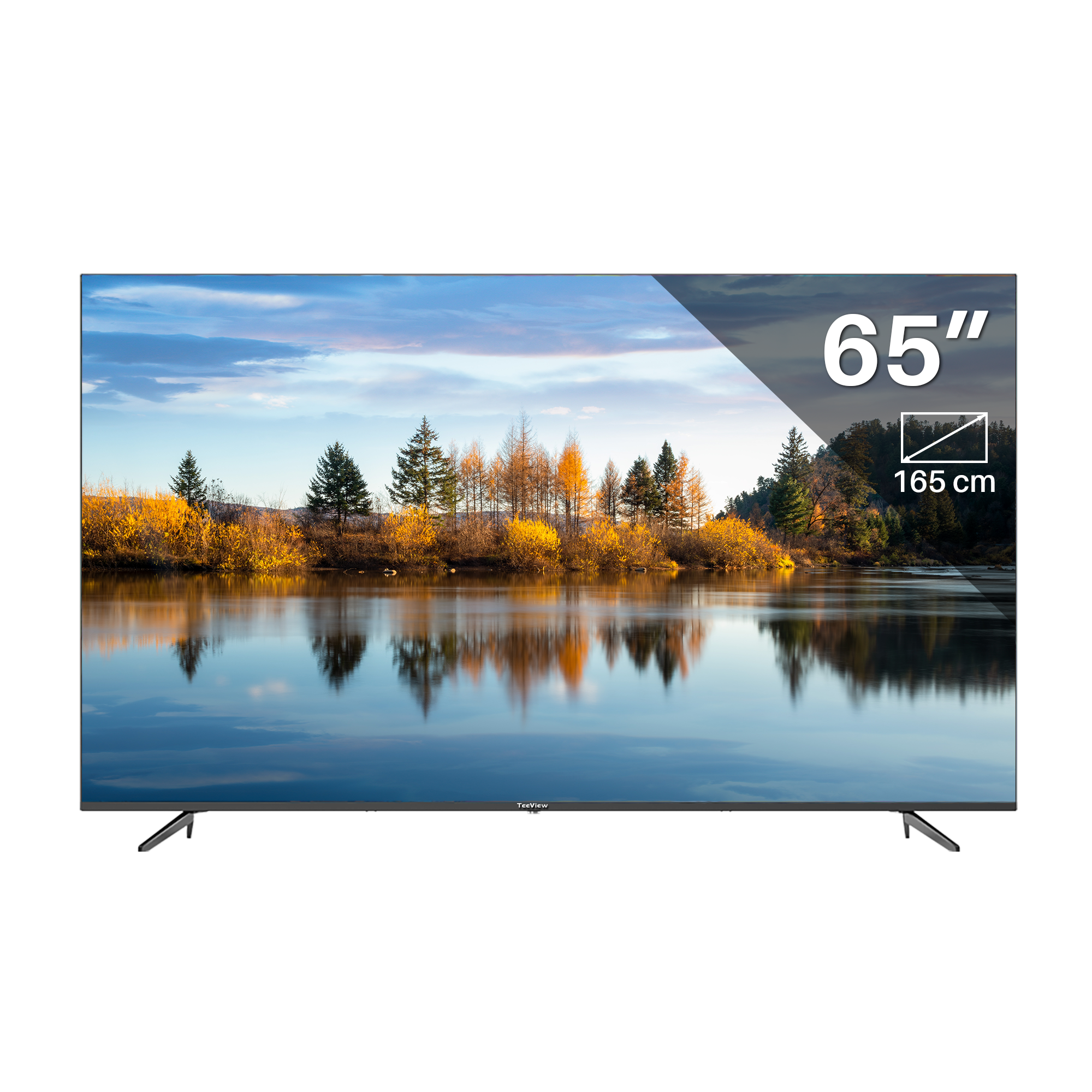 65" tv met een schilderachtig uitzicht op een meer en bomen, tegen een zwarte achtergrond.