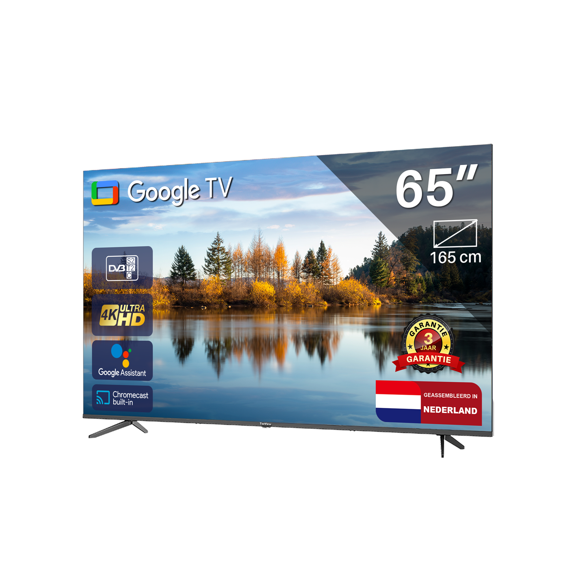 Een 65-inch tv met een stadsgezicht in de schemering, Google TV-logo en 3 jaar garantie.