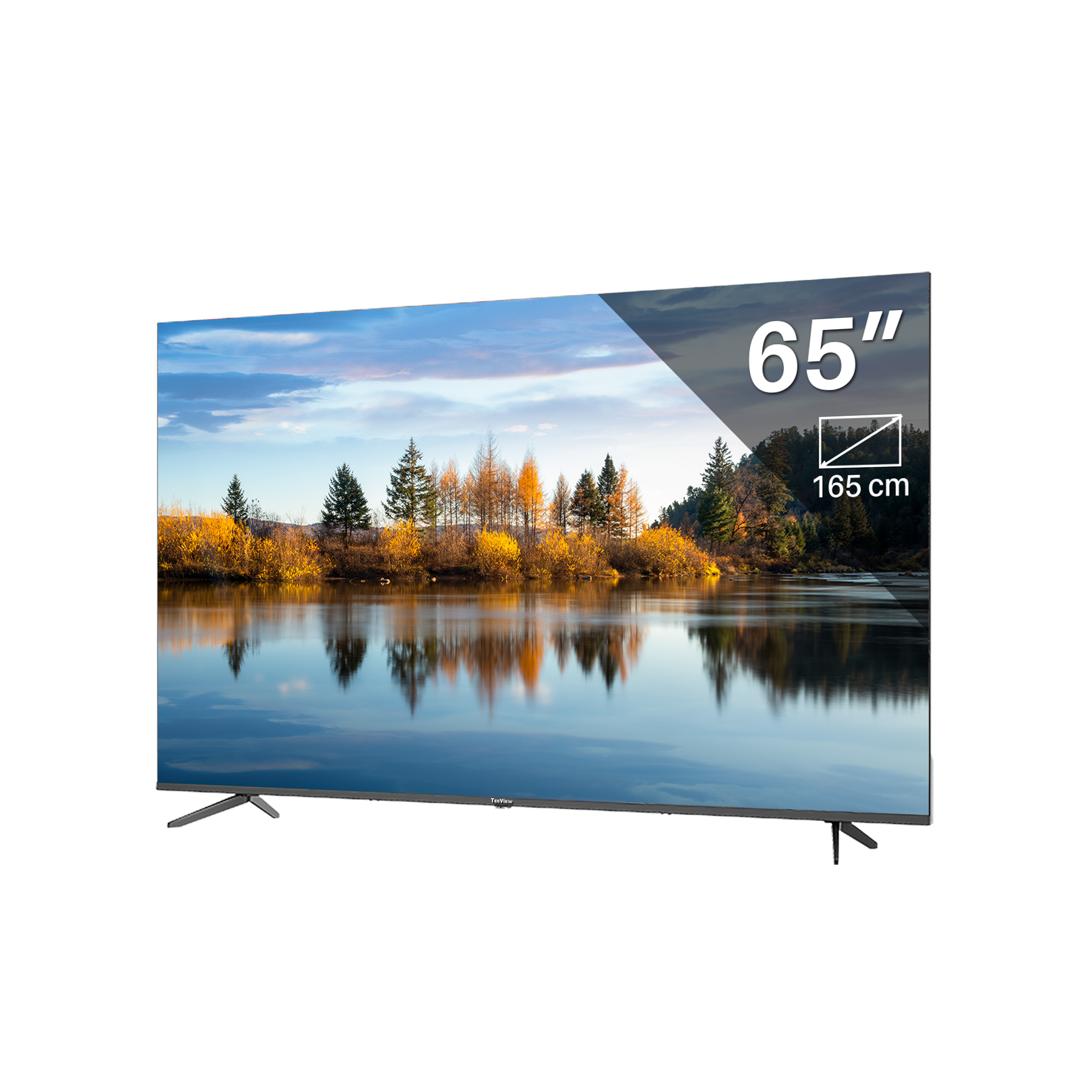 Een 65-inch tv die een landschap aan het water weergeeft.