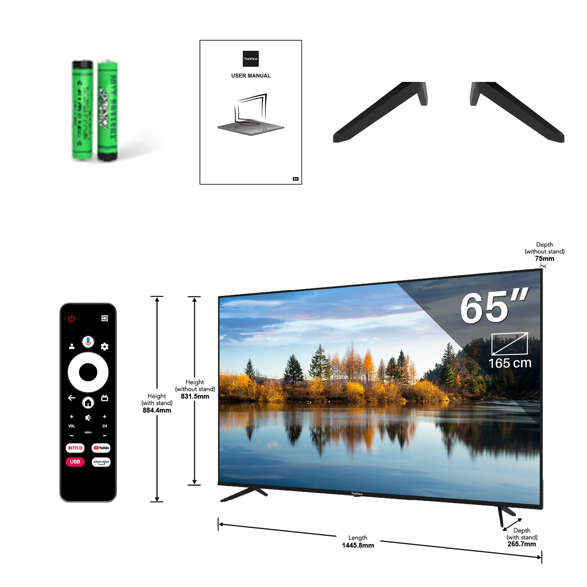 Tv-set met accessoires. Inclusief een gebruikershandleiding, afstandsbediening en standcomponenten.