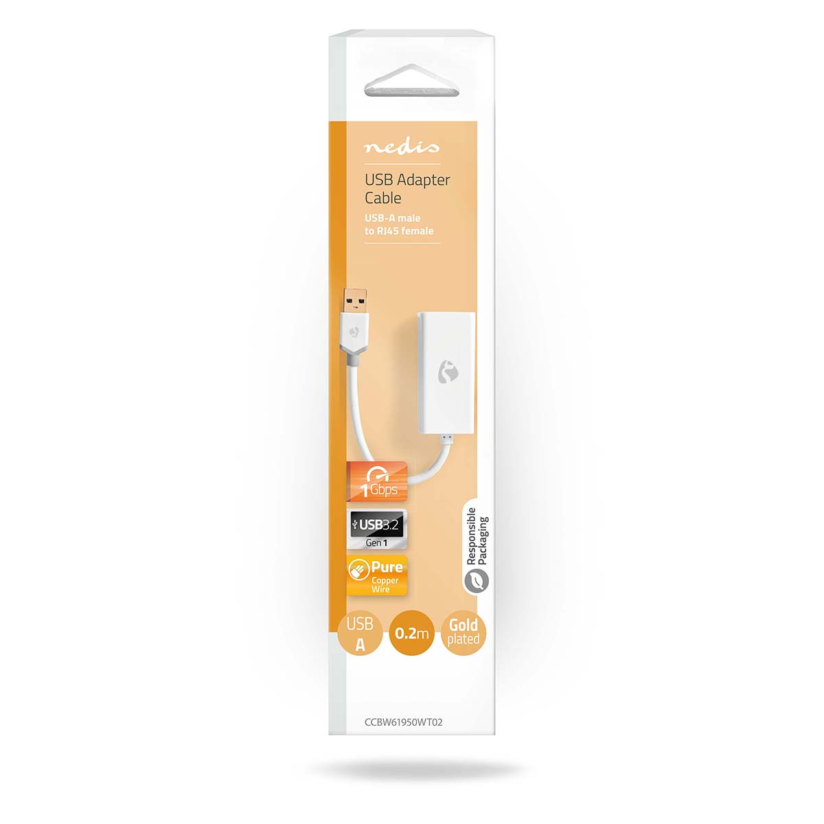 USB adapter cable box, white cable with white adapter and gold connector.