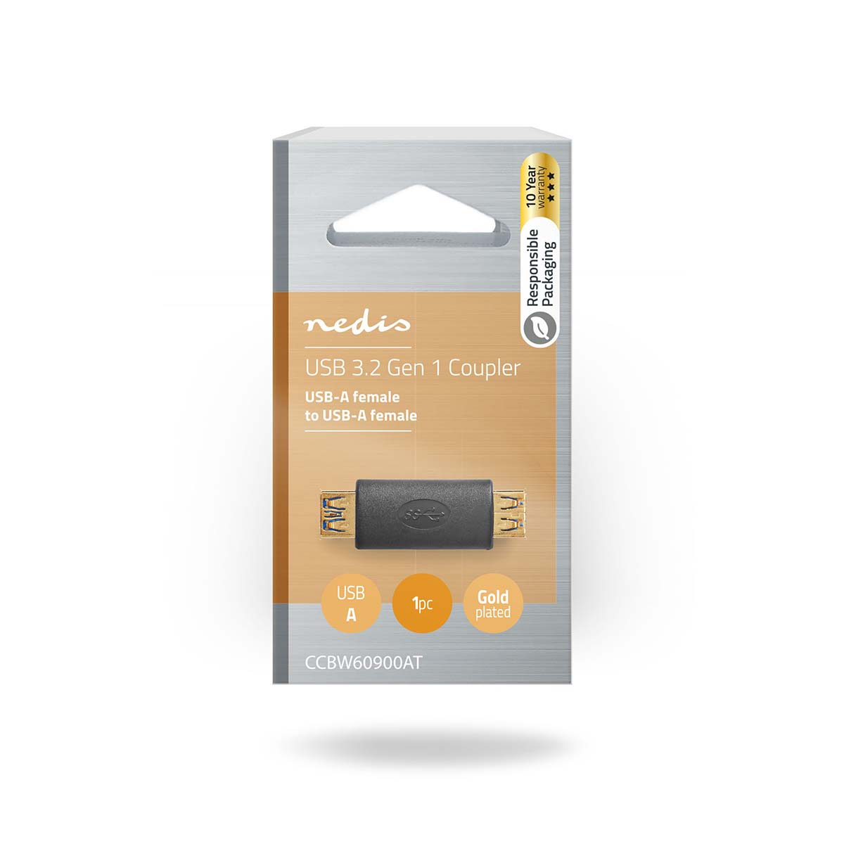 Acoplador Nedis USB 3.2 Gen 1, hembra USB-A a hembra USB-A, chapado en oro.