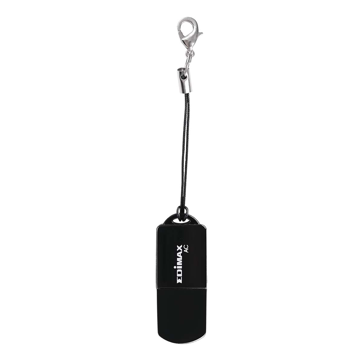 A black USB flash drive with a silver keychain. The drive has the EDIMAX AC logo.