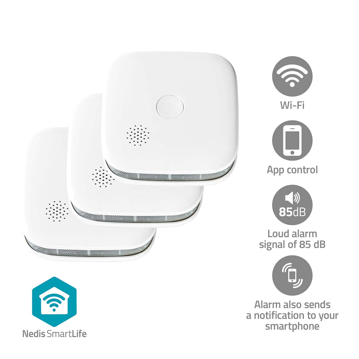 Drei weiße, quadratische Rauchmelder mit Symbolen, beschriftet mit Wi-Fi, App-Steuerung und 85 dB.