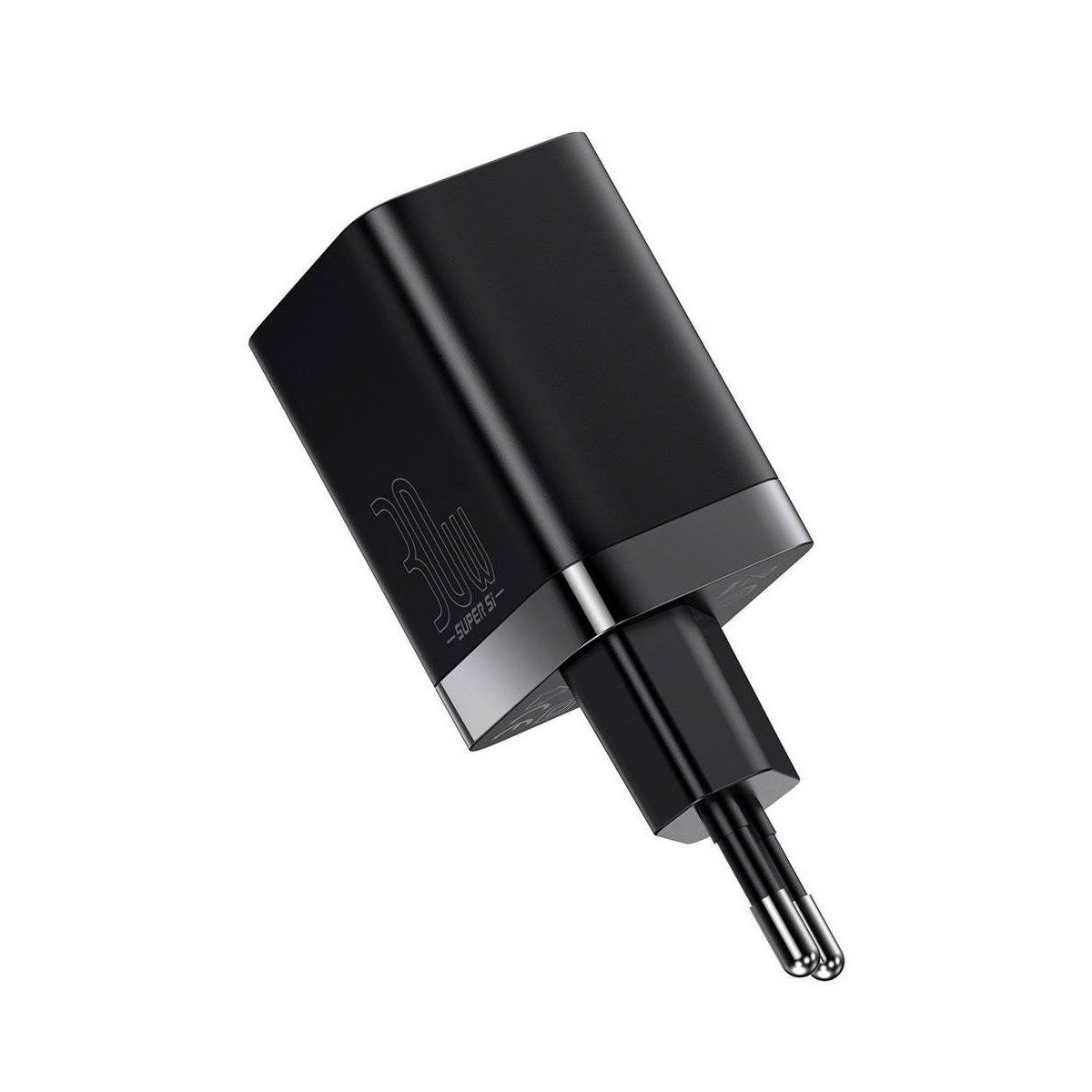 Caricabatterie USB nero da 30W con spine.