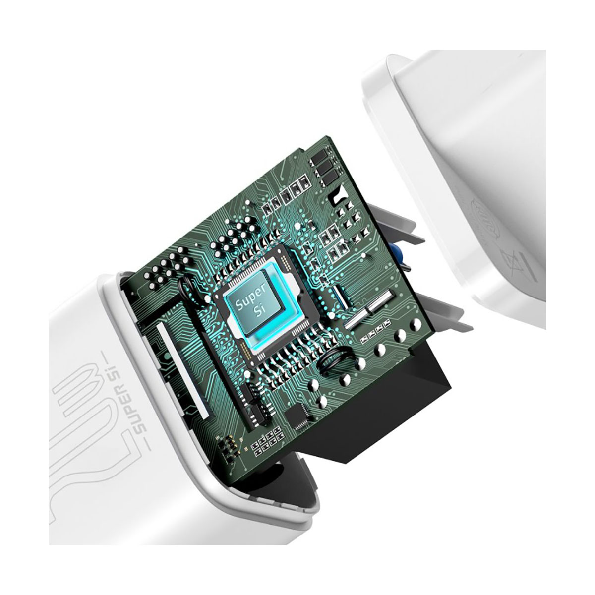 Zbliżenie białej ładowarki z widoczną zieloną płytką obwodu. Płytka ma niebieskie detale.